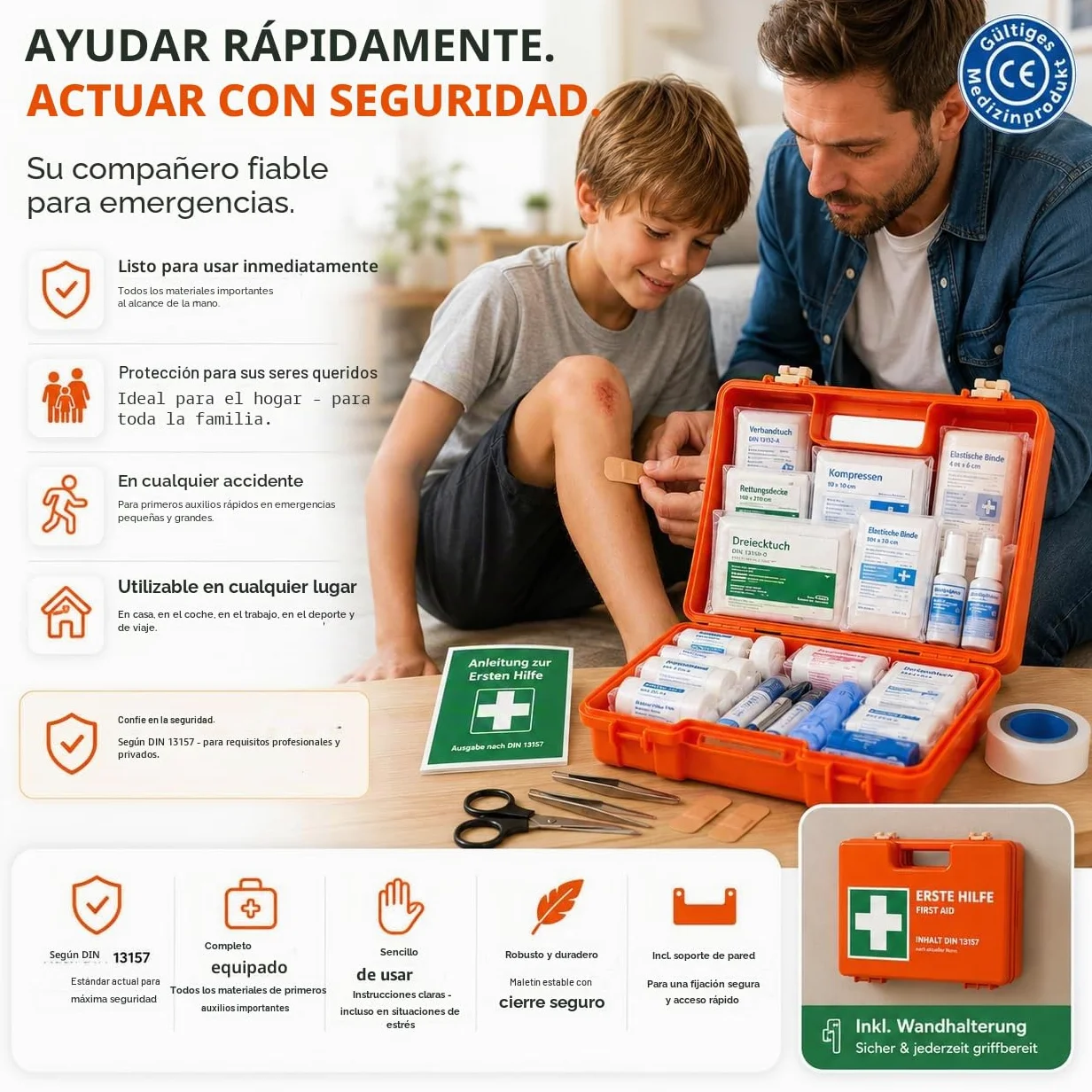 Botiquín de primeros auxilios - Caja DIN 13157 para pared, hogar y empresa - y 5 pegatinas - botiquín de primeros auxilios naranja - incl. montaje en pared