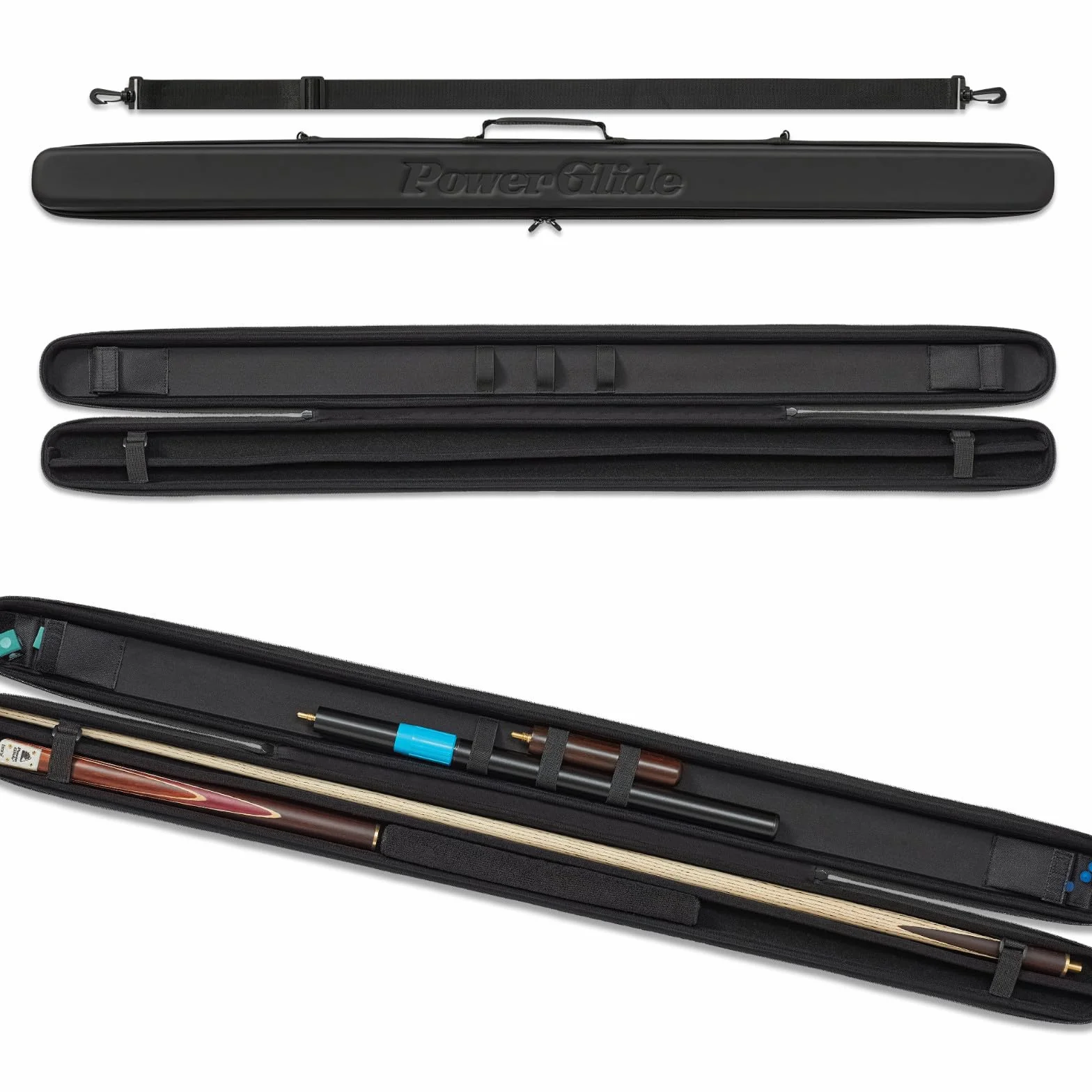 POWERGLIDE Snooker Pool Billiard Cue Case Svartur EVA Handle Shoulder Strap Protective Foam Interior 2-Piece