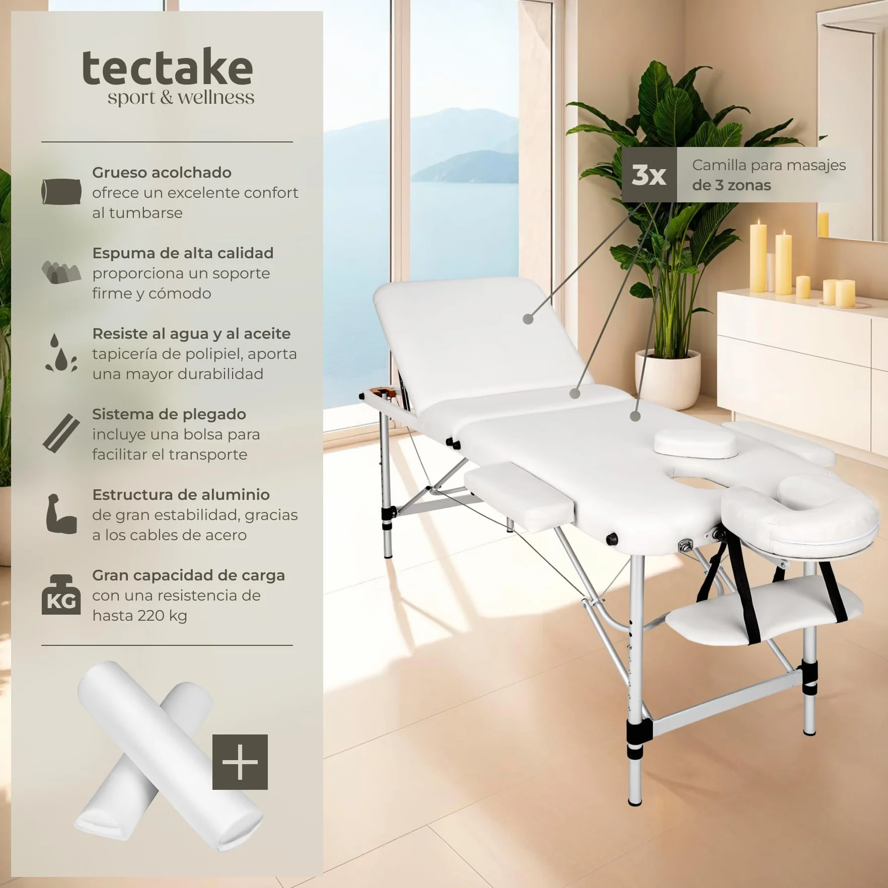 Tectake Camilla de Masaje Plegable de Aluminio, Altura Ajustable, 3 Zonas, con Bolsa de Transporte - Blanco