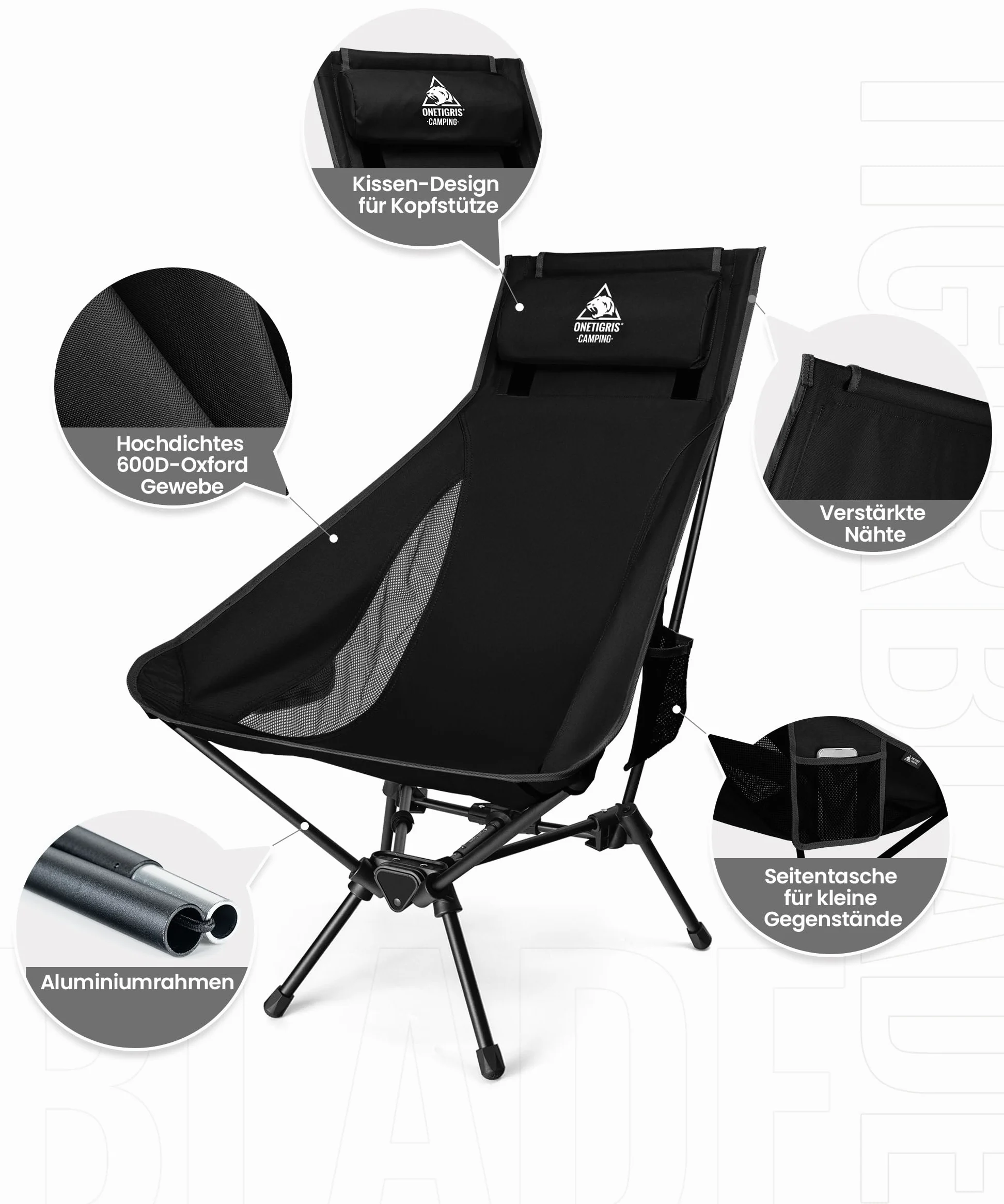 OneTigris TIGERBLADE Silla de camping plegable con respaldo alto, 170 kg, silla plegable para camping, ligera, marco triangular, silla plegable con 2 bolsillos laterales, silla plegable ultraligera