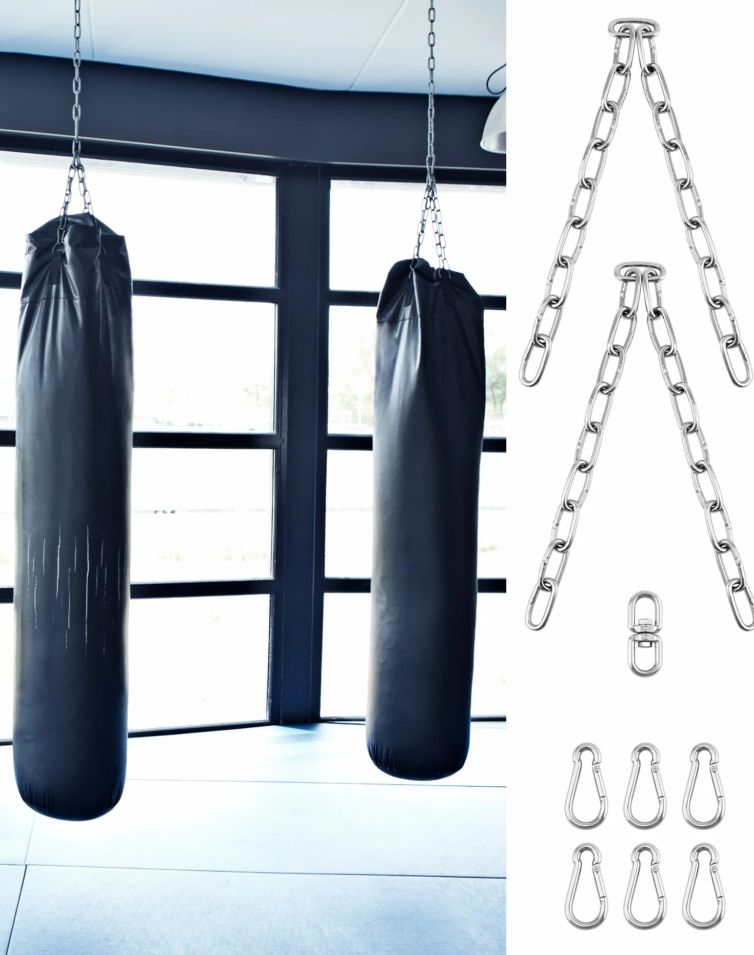 QWORK® Cadena para colgar sacos de boxeo de 4 hilos, cadenas de acero inoxidable resistentes, longitud total 50 cm, giro de 360 ​​grados, capacidad de carga máxima 70 kg