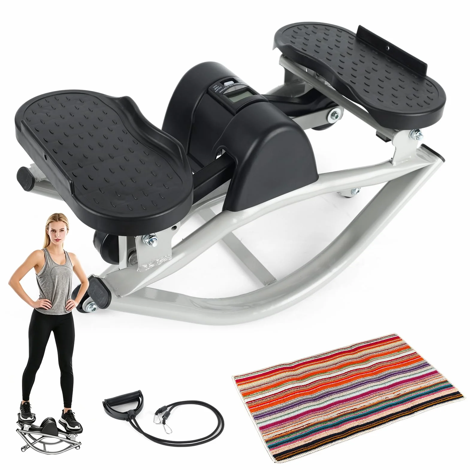 Mini Stepper Lateral, Stepper Fitness Casa con Contador y Bandas de Resistencia, Capacidad 150 kg, Alfombrilla Antideslizante 70x40 cm, para Hogar, Oficina y Gimnasio, Trabaja Piernas, Glúteos y Core