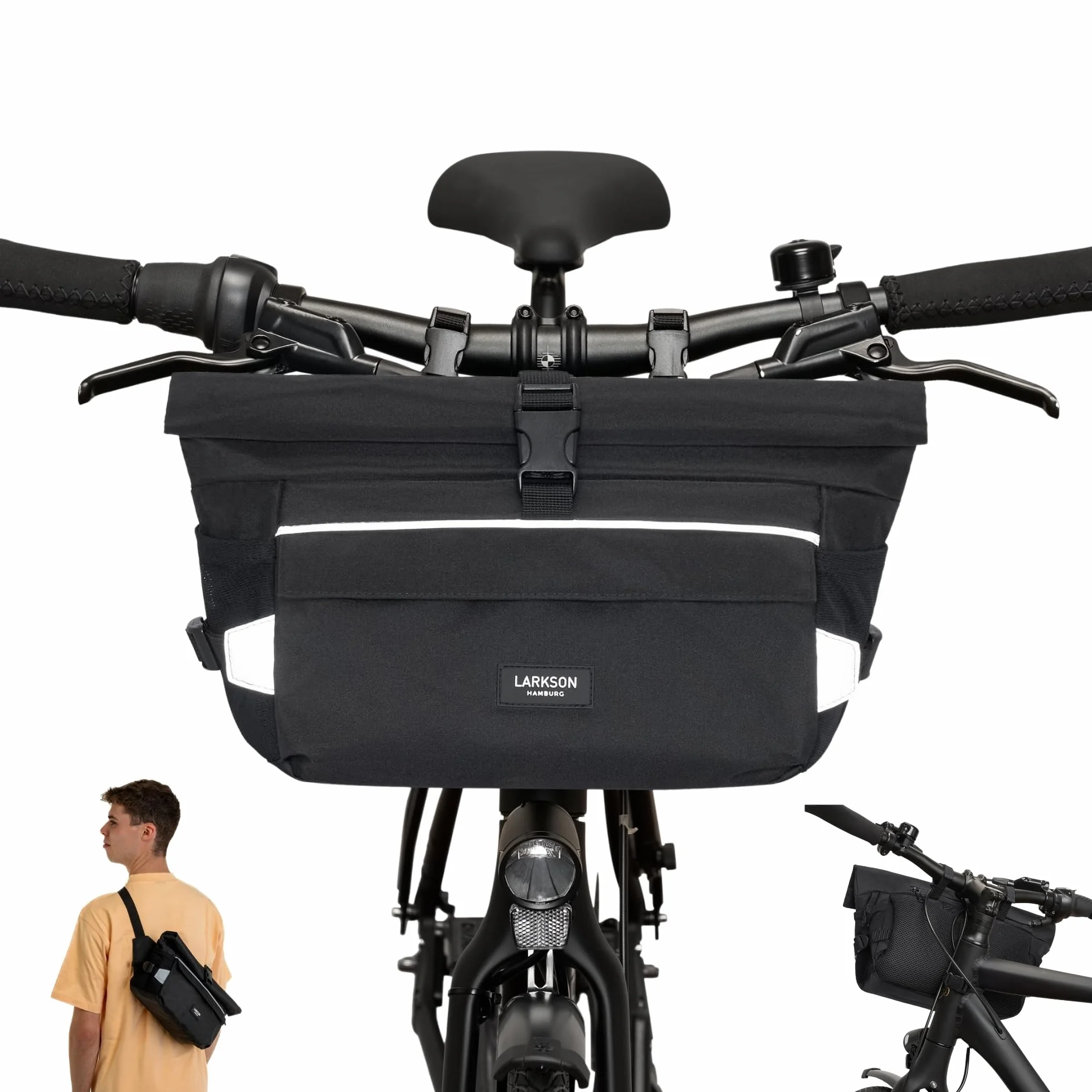 LARKSON Bolsa Manillar Bicicleta Negro - Lasse - Bolsa 2 en 1 para Bici y Bandolera - con Reflejo - Repelente al Agua