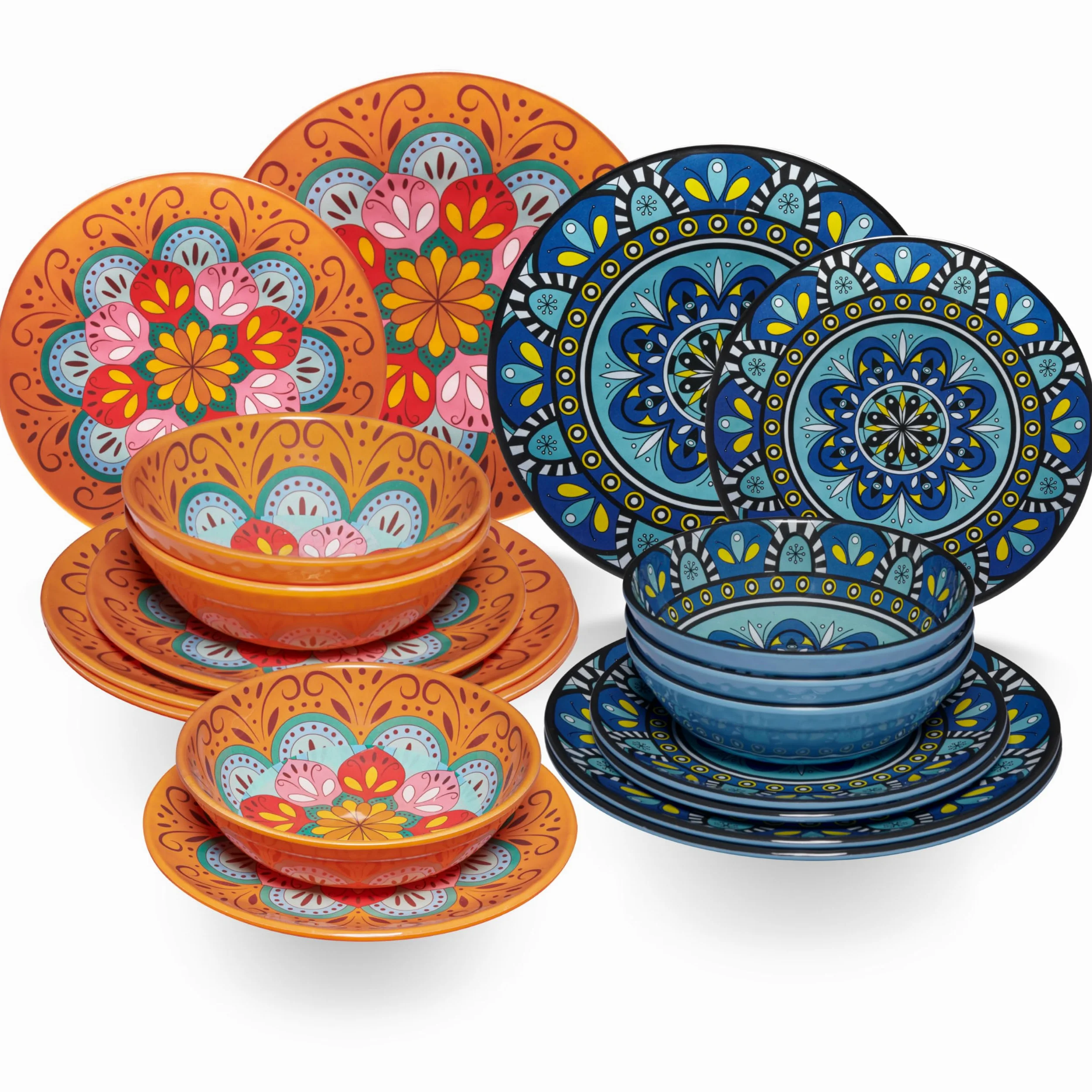 Juego vajilla melamina Toscana 6 personas 18 color naranja azul aspecto