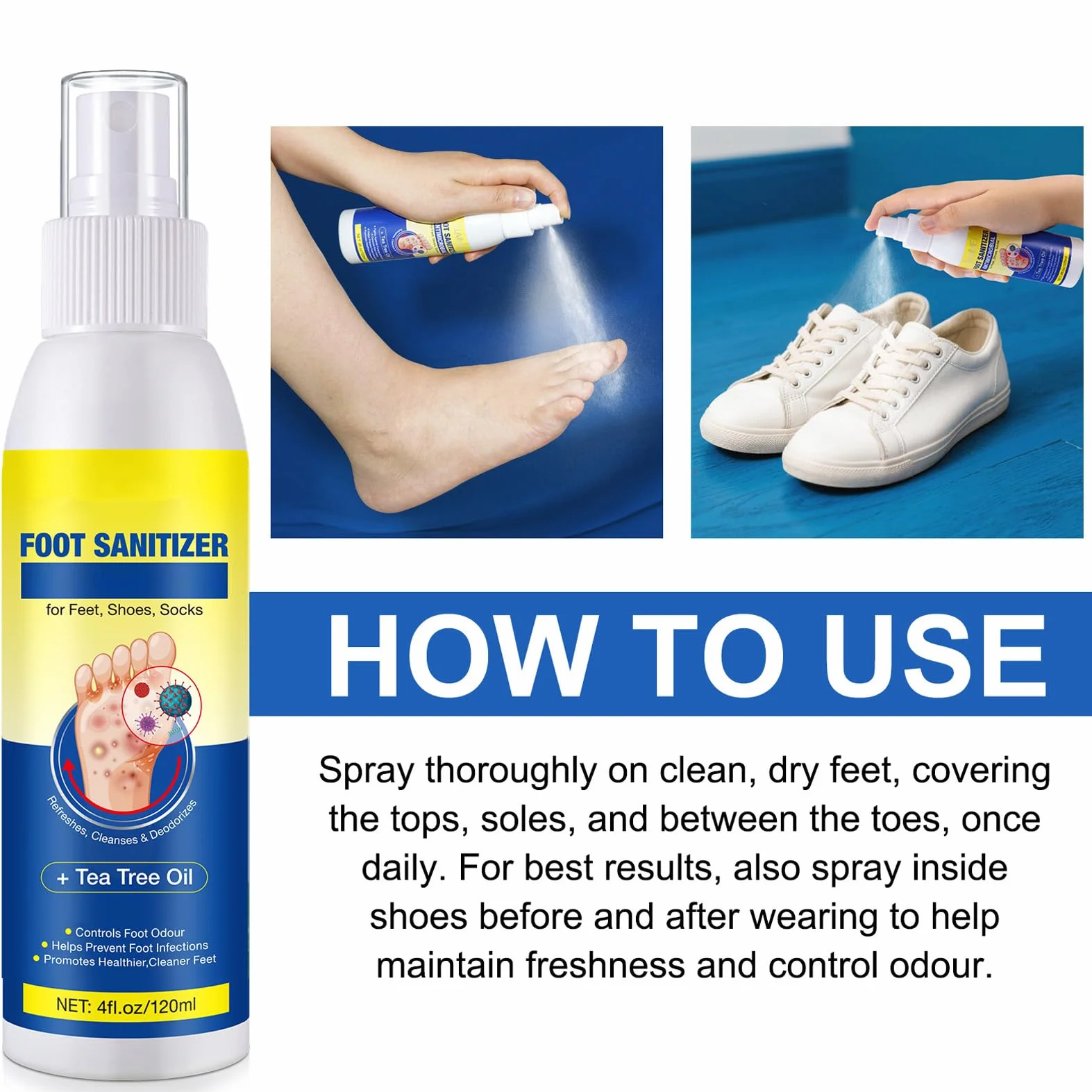 Spray para pies con aceite de árbol de té 120 ml, antimicótico para pie de atleta y eliminador de olor