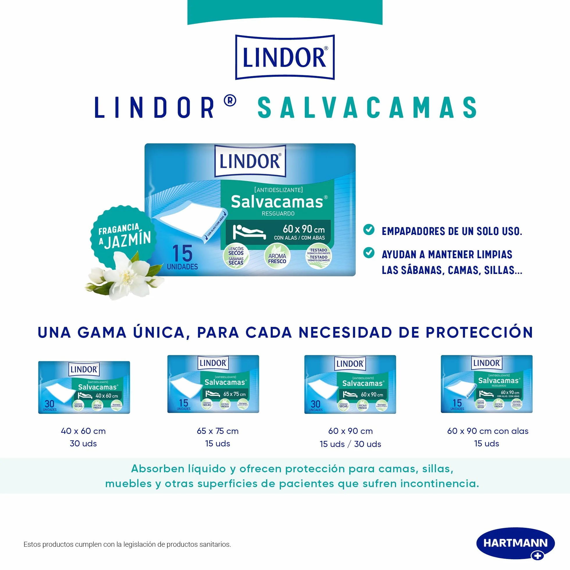 LINDOR Empapadores de Cama 60x90 Desechables Alta Absorción Jazmín 30 Unidades