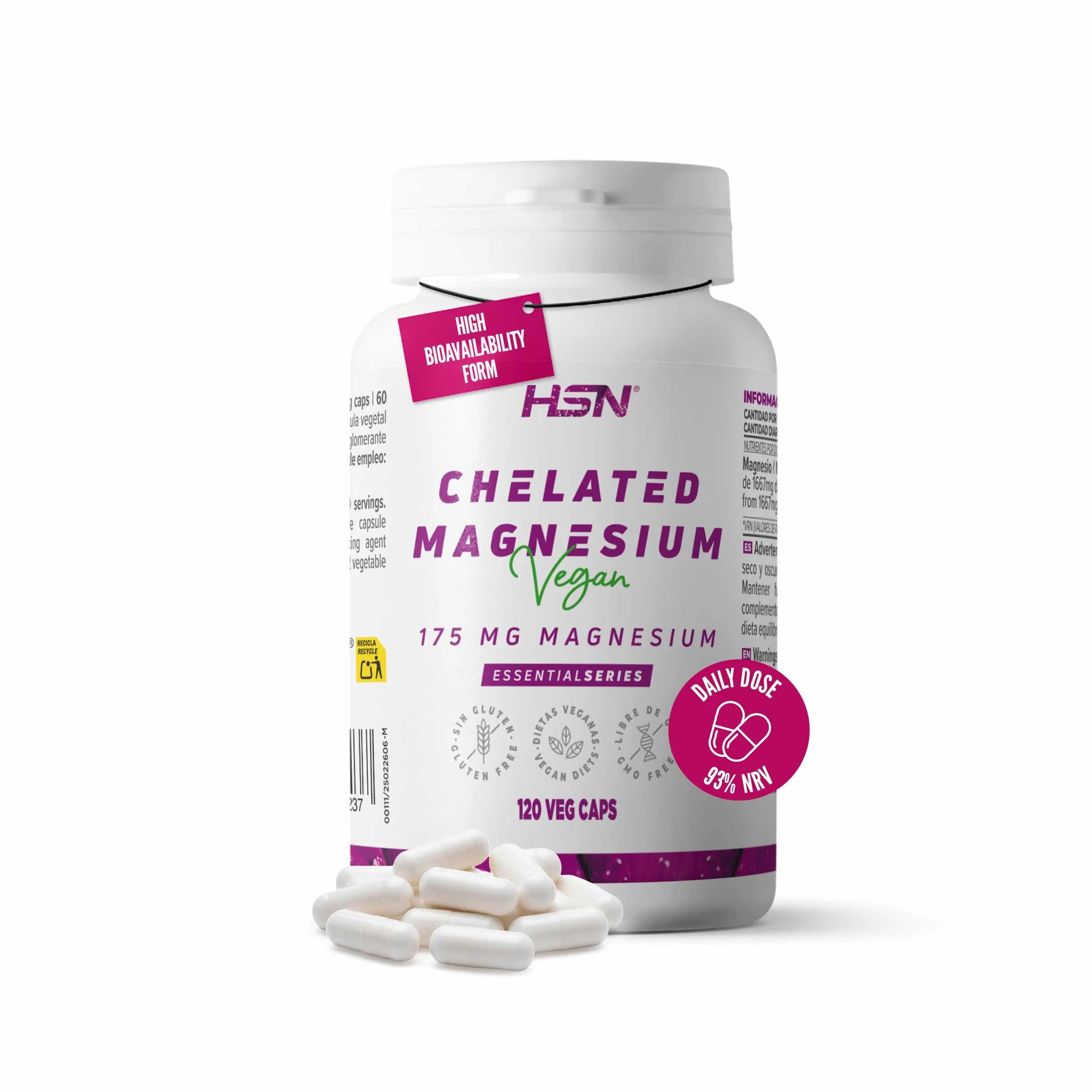 Bisglicinato de Magnesio 100mg Elemental 120 Cápsulas Vegetales Quelado Vegano Sin Gluten No-GMO