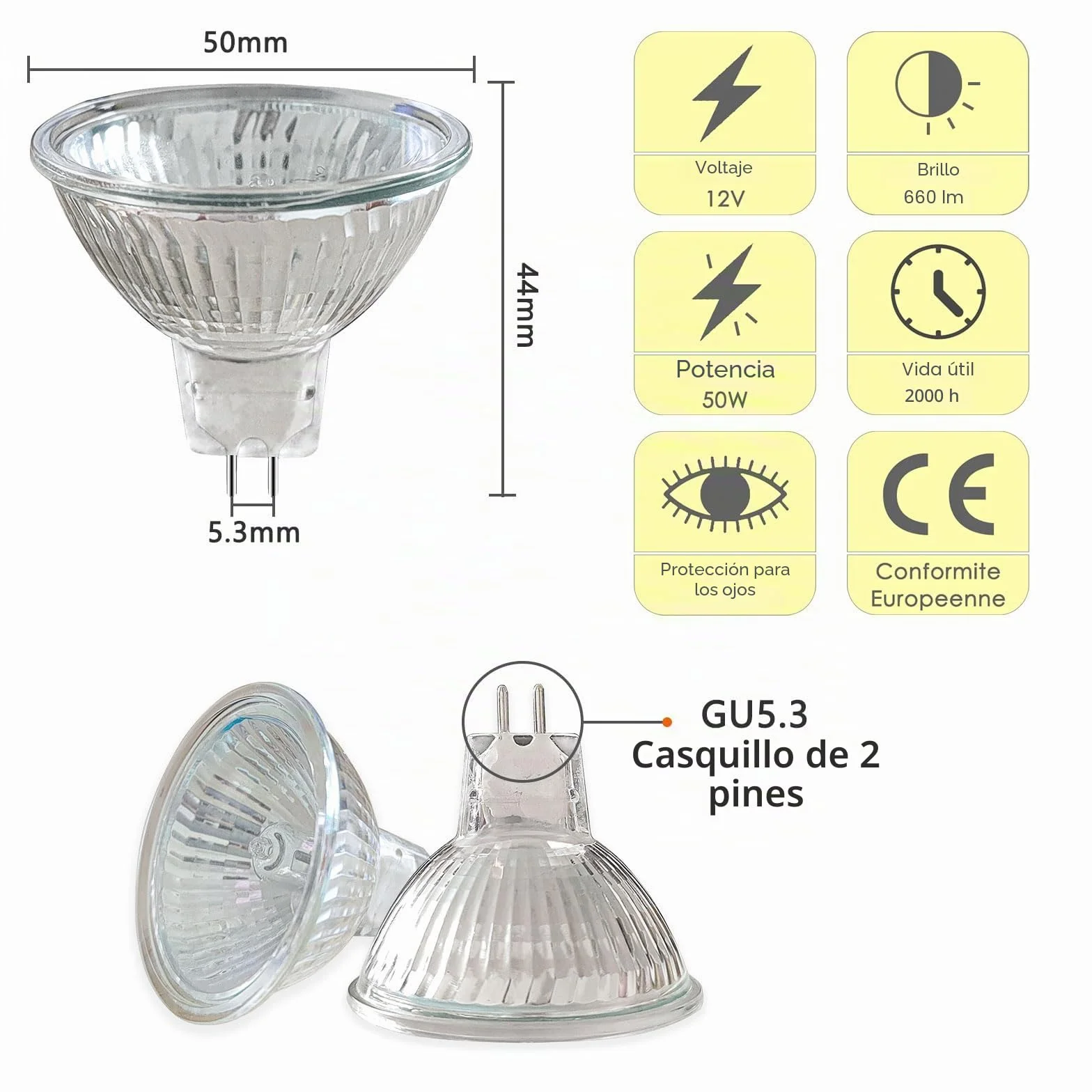 Caldarax Paquete 8 Bombilla Halógena Reflectora GU5.3 12V 50W Regulable Dicroica 2700K Blanco Cálido 660lm 36° Ángulo de Haz