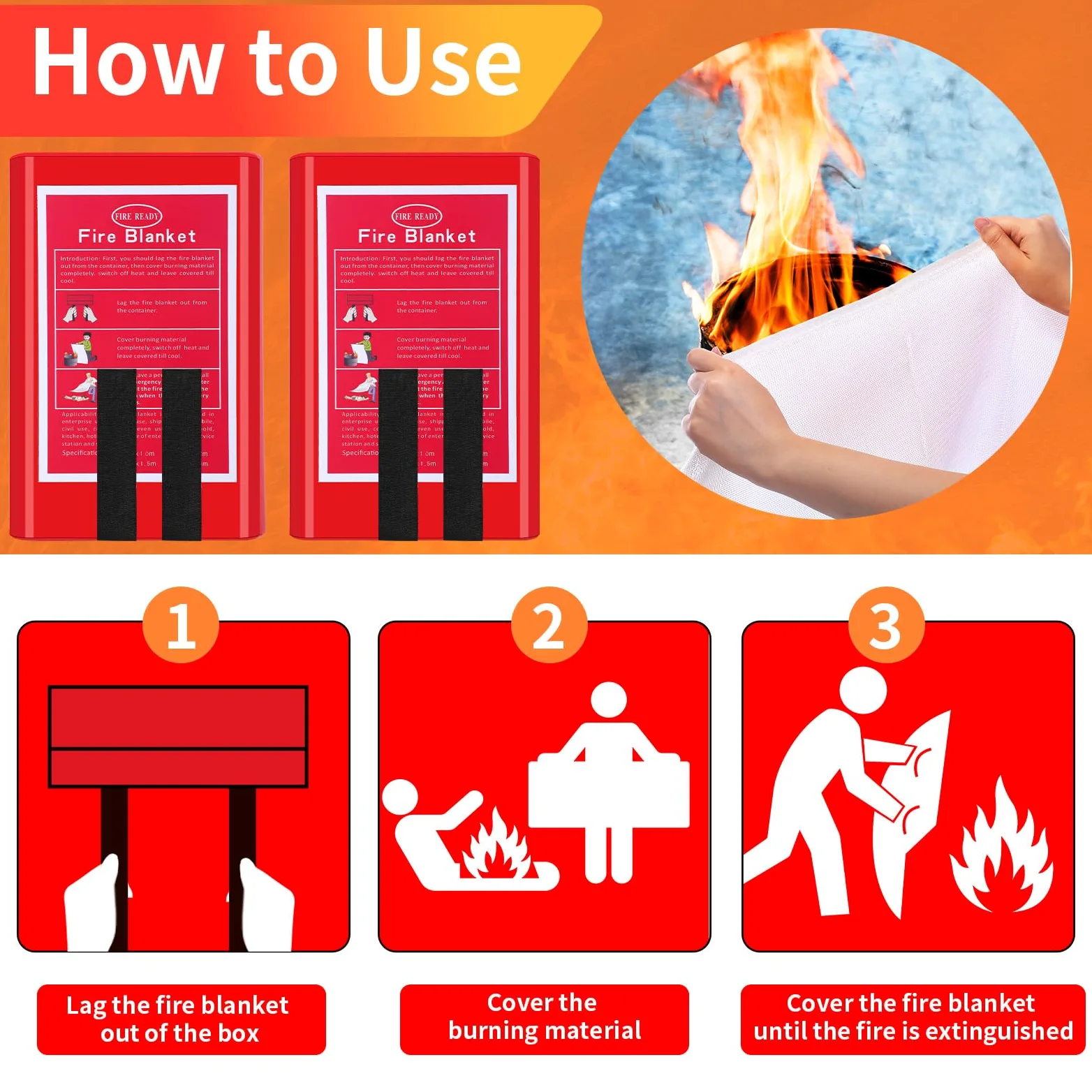 Copkim Paquete de 4 mantas de emergencia contra incendios, manta de fibra de vidrio para supresión de incendios con caja, ignífuga, manta ignífuga, cubierta de supervivencia de seguridad para el