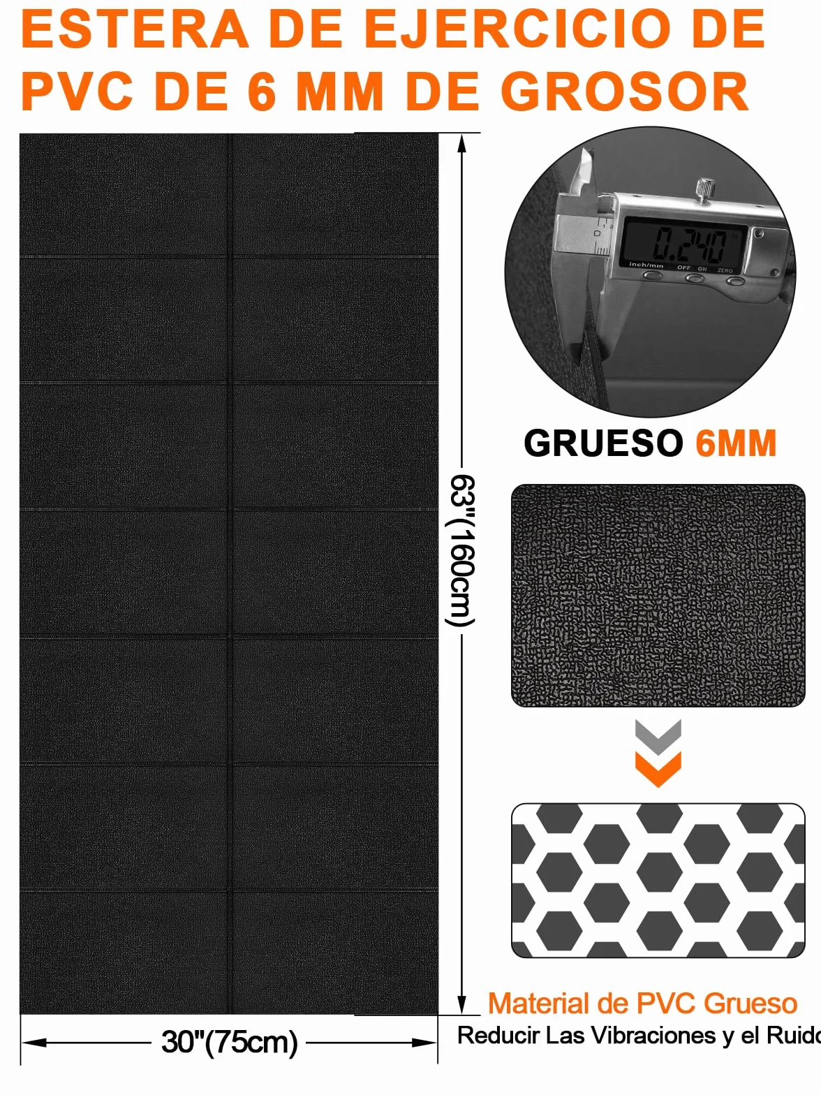 Estera de fitness 160x75 cm, 6 mm, plegable, PVC, antideslizante, impermeable, para alfombras y suelos de madera, compatible con cinta de correr