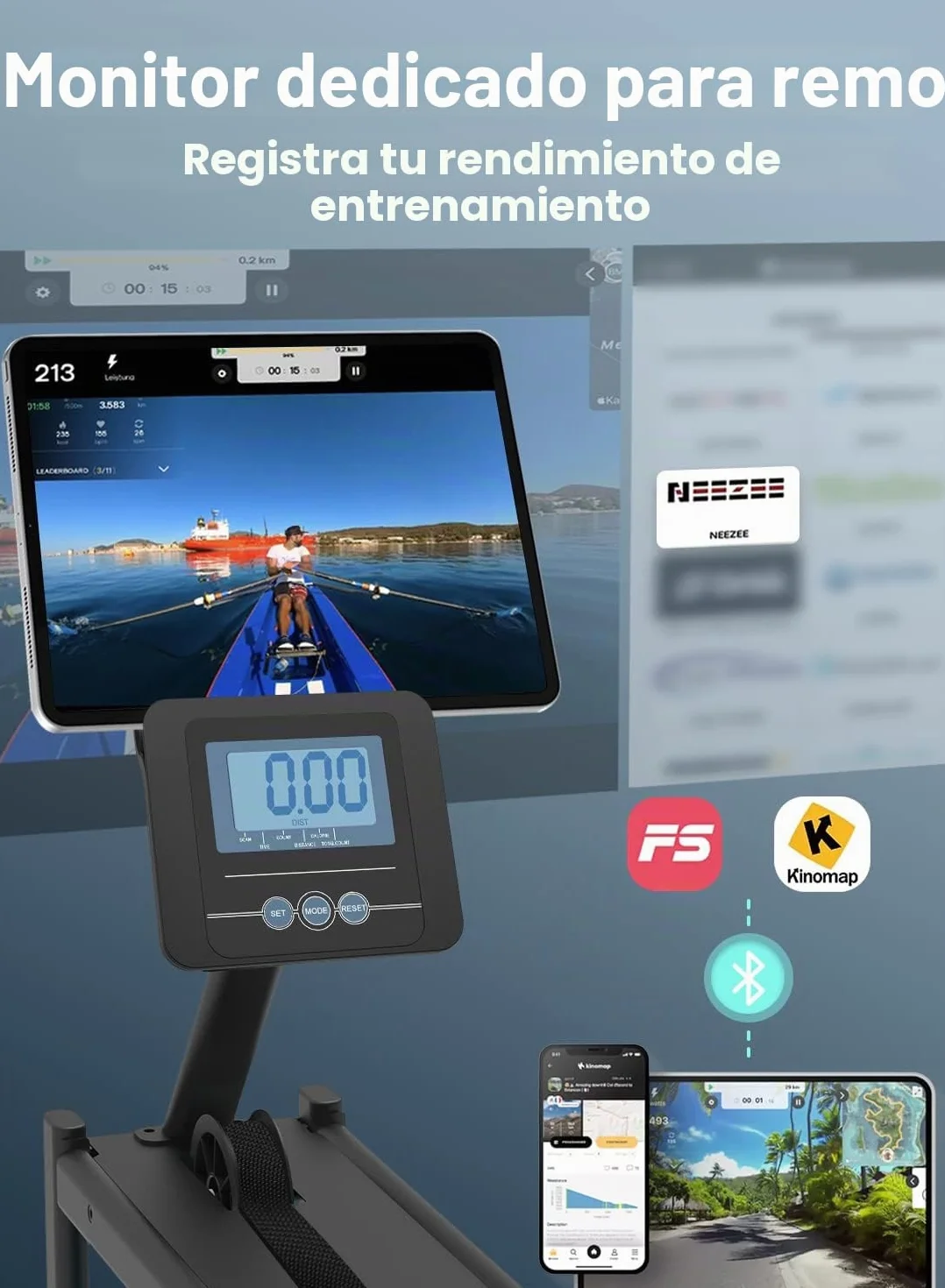 Neezee Máquina de Remo, máquina de Remo para Gimnasio en casa con riel de Aluminio, máquina de Remo de Agua con Soporte para Tableta, Resistencia al Agua y Pantalla LCD