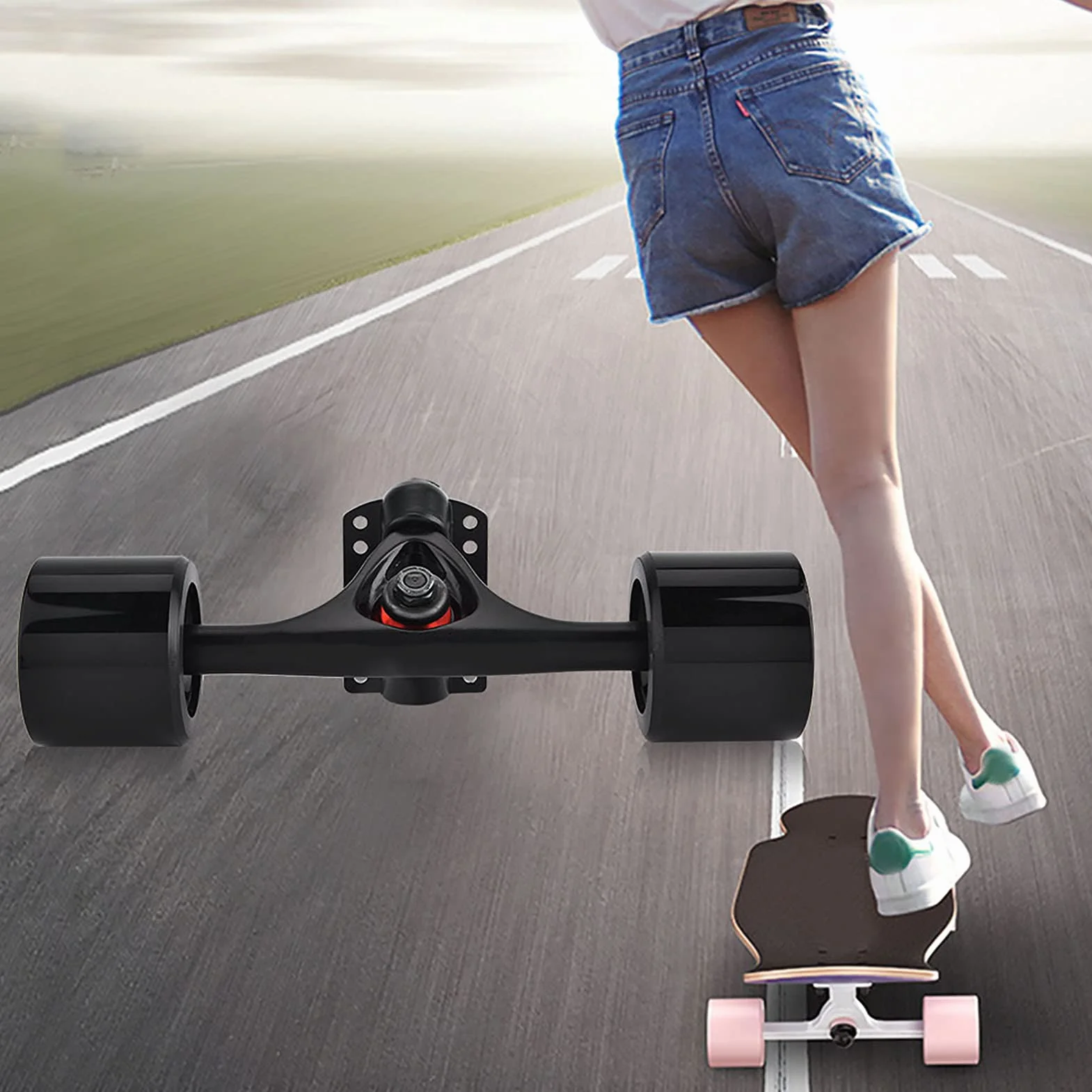 Alomejor Skateboard Truck Combo Set -2pcs Skateboard Truck + 4pcs Skate Wheel + 2pcs Riser Pad Cojinete + 8 Longboard Pernos + 8 Patineta Tuerca(Black Shaft Black Wheel)