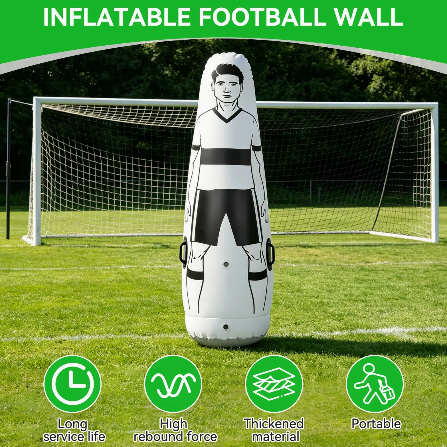 Maniquí de fútbol, ​​175x50cm/68,9x19,7 pulgadas entrenamiento de fútbol inflable vaso de práctica de fútbol de pared Maniquí De Fútbol defensor de patadas de fútbol portátil para niños y adultos