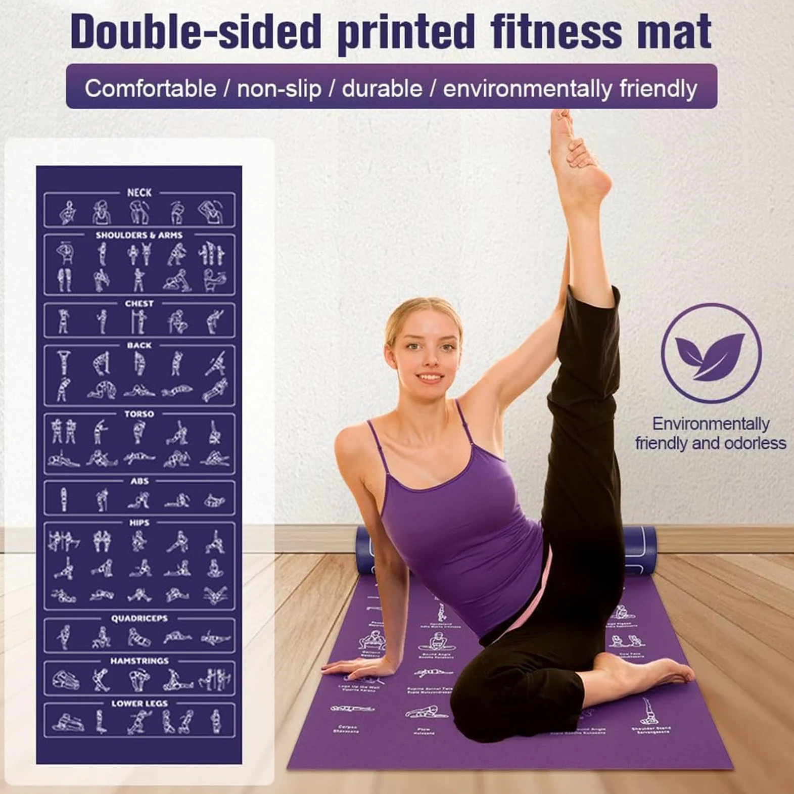 Esterilla Gruesa de Yoga Con Posturas Estiramientos Doble Cara | Esterilla Ancha de Yoga Gruesa para Hogar Viaje Gimnasio Pilates Fitness Deporte Equilibrio Entrenamiento Físico