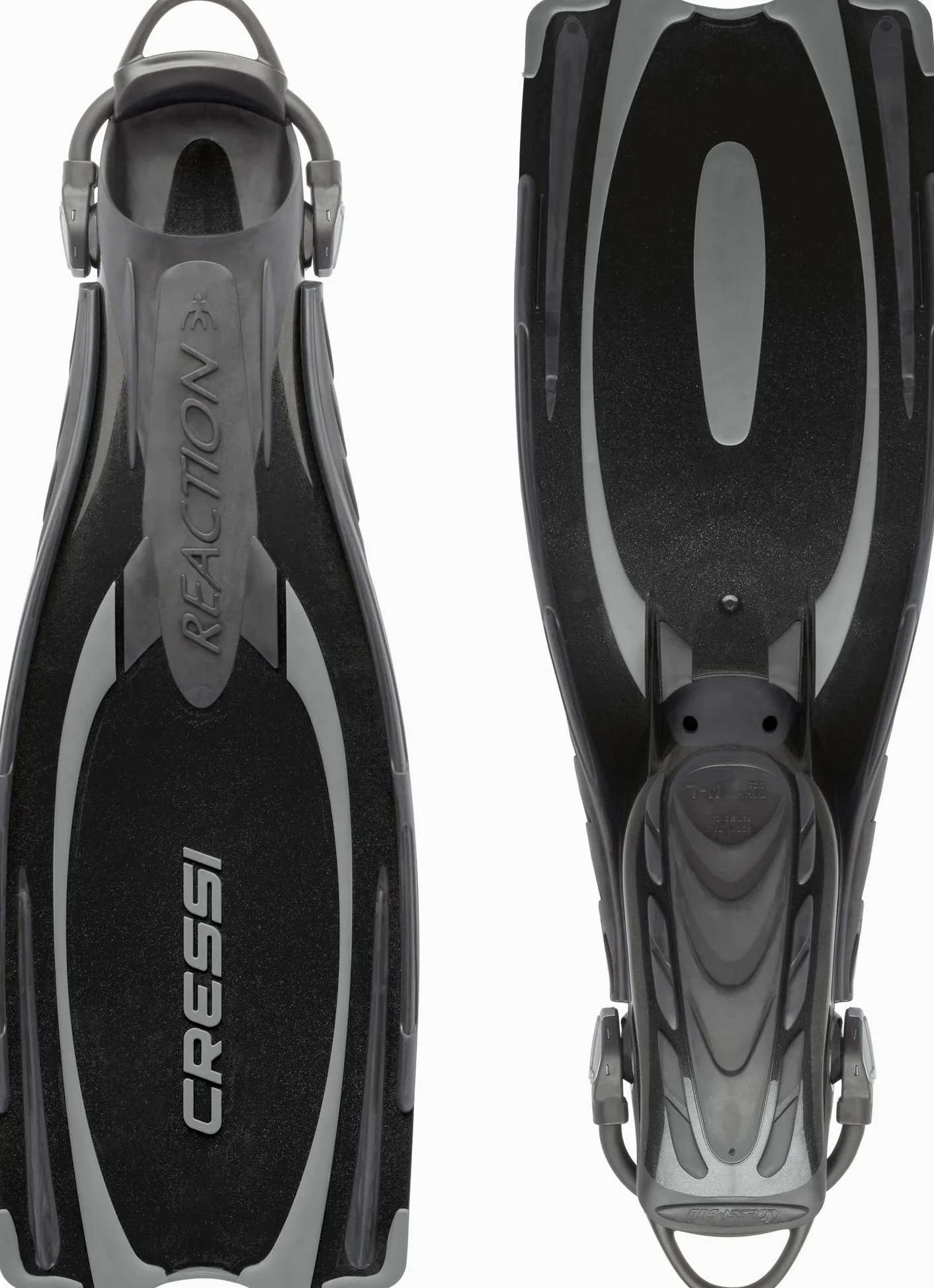 Cressi reacción EBS, potente talón abierto Buceo Aletas (fabricado en Italia), negro/plata