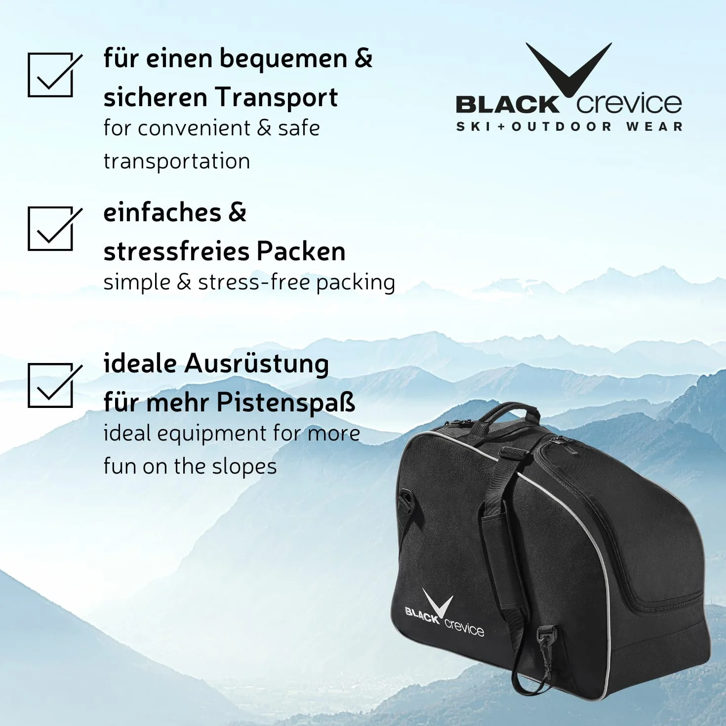 Black Crevice Bolsa para Botas y Casco de esquí I Bolsa para Botas de esquí/Snowboard y Casco Ajustable con Gran Compartimento Principal y secundario con Cremallera I tamaño: 53x26x39cm