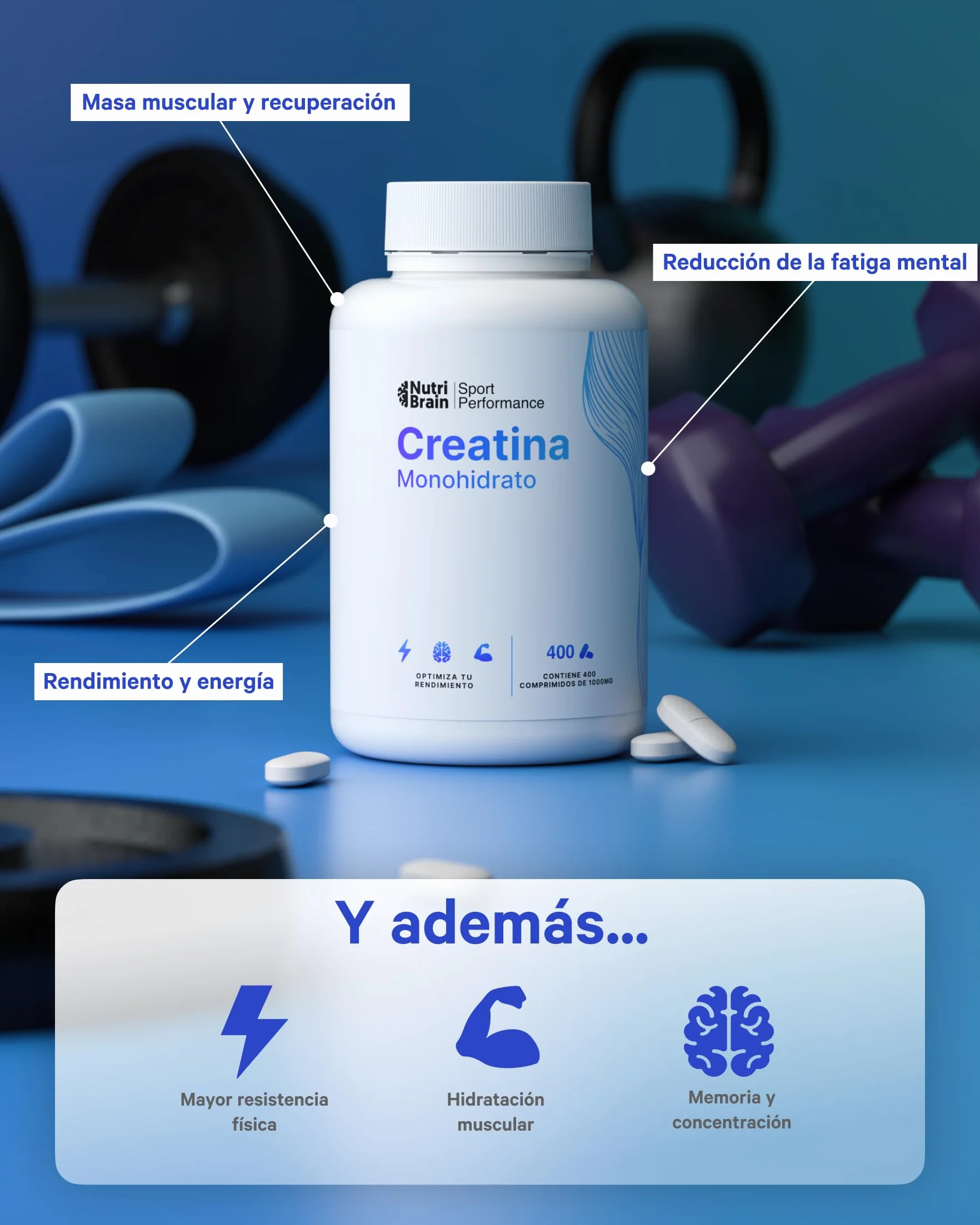 Creatina Monohidratada 3000 mg 400 comp Mejora Fuerza Masa Muscular Resistencia Vegano Sin Gluten No OGM