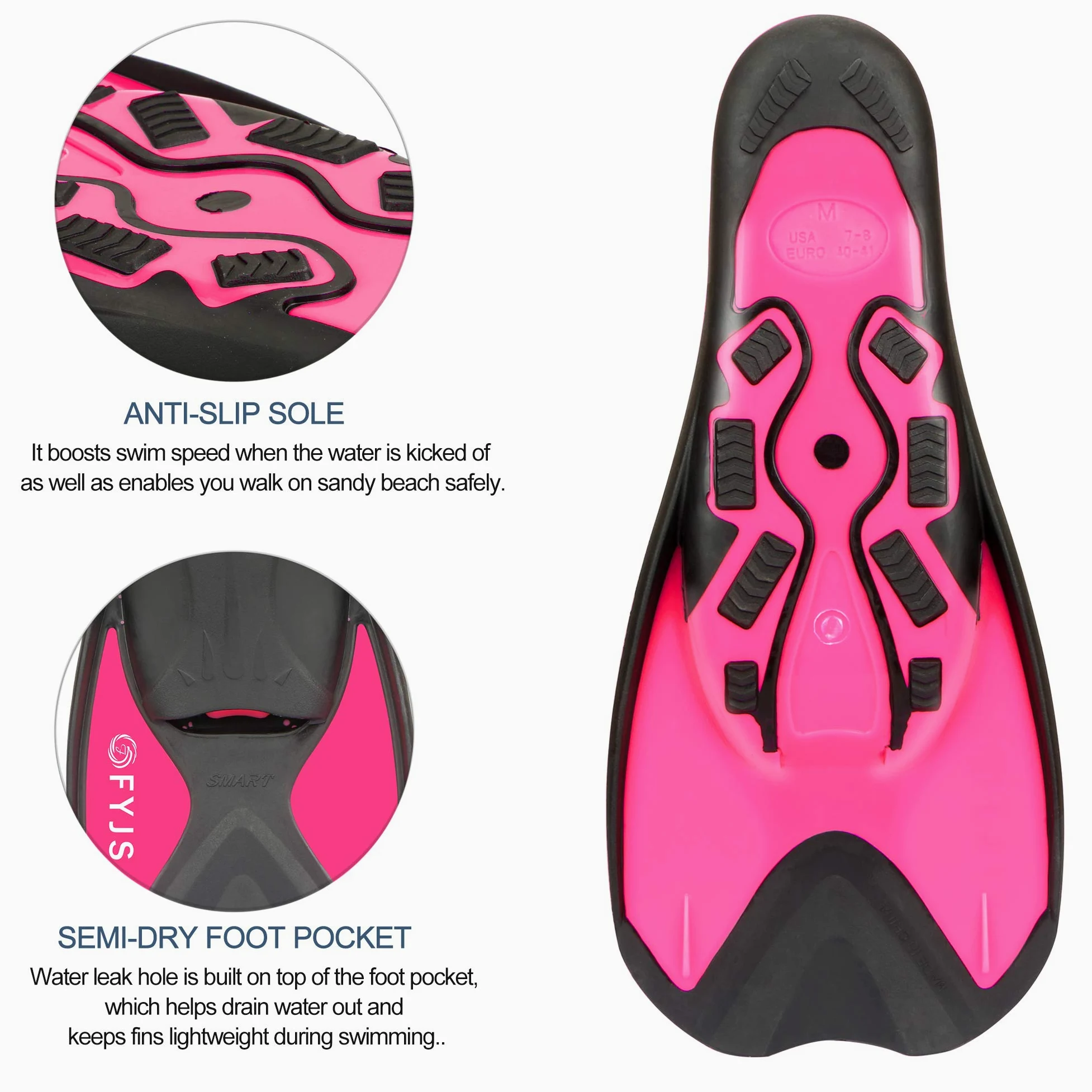 Aletas de natación cortas, tamaño de viaje, con bolsa de transporte de malla para adultos hombres y mujeres, S(MENS:5-6;WOMENS:6-7), Rojo rosa