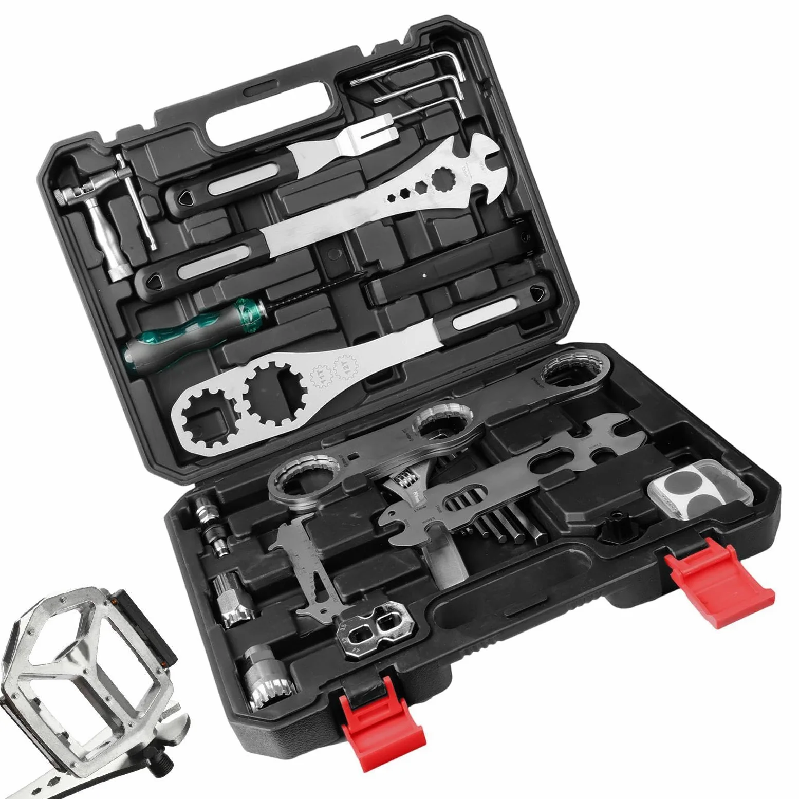 Kit Herramientas Bicicleta Llave resistente con estuche | Kit reparación para bicicletas para cadena, freno, neumático, sillín, y para en casa, taller y garaje