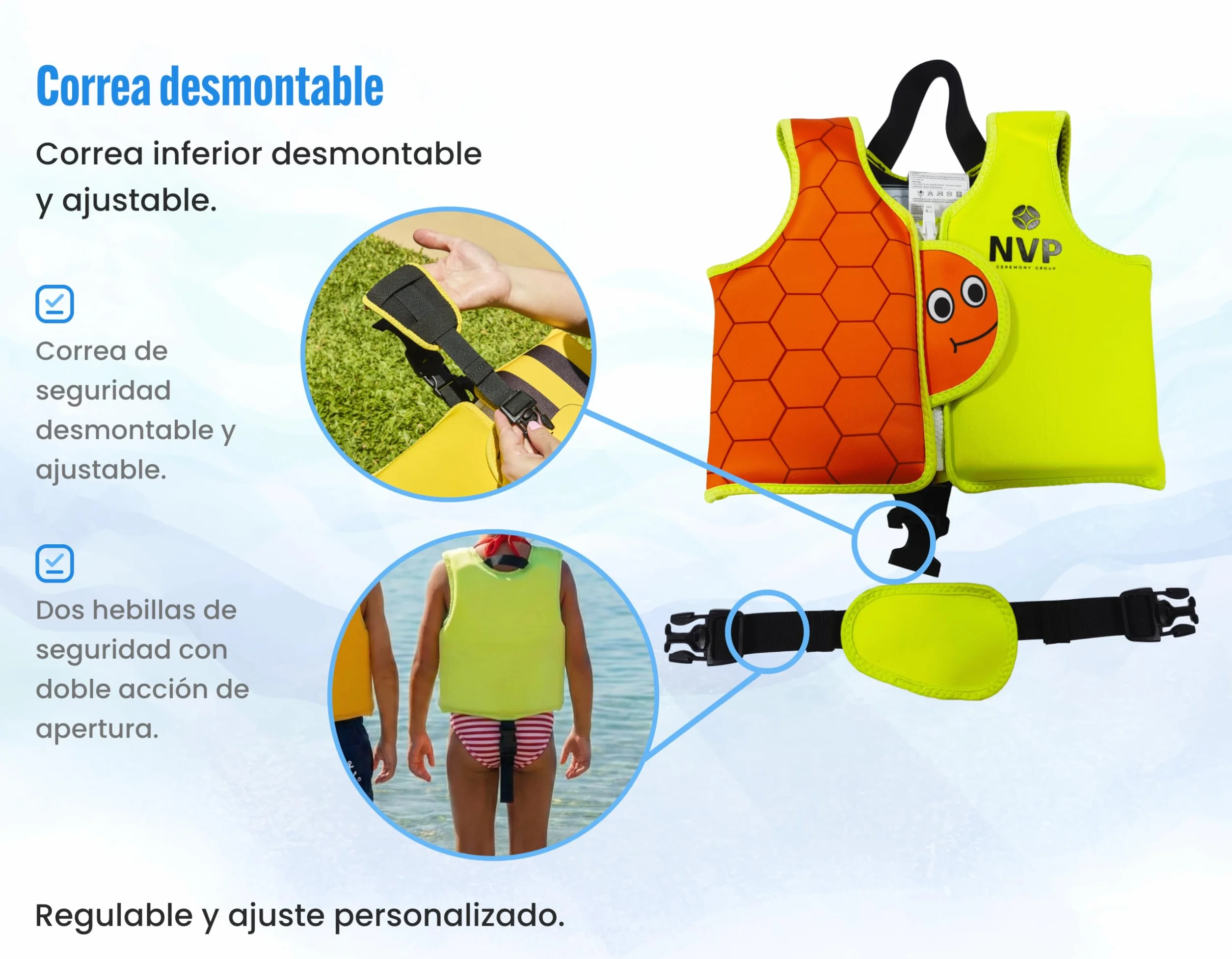 Chaleco de Natación Infantil de Neopreno NVP para Bebés y Niños 1-6 Años - Chaleco Flotador Ajustable con 8 Paneles de Flotación