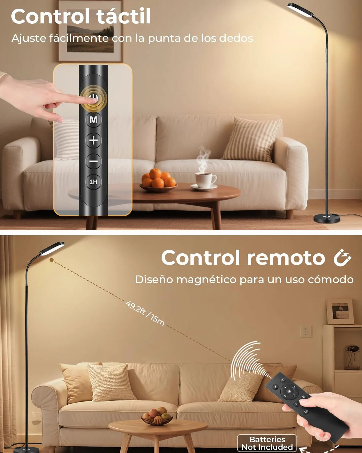Lámpara de pie LED regulable 18W 1850 lm con mando a distancia 3000–6500K para salón