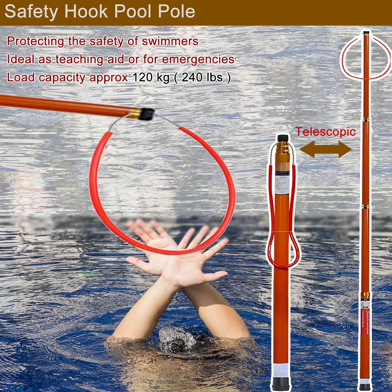 Gancho telescópico ajustable de rescate de emergencia para seguridad en la piscina, mayor alcance y durabilidad para adultos y niños