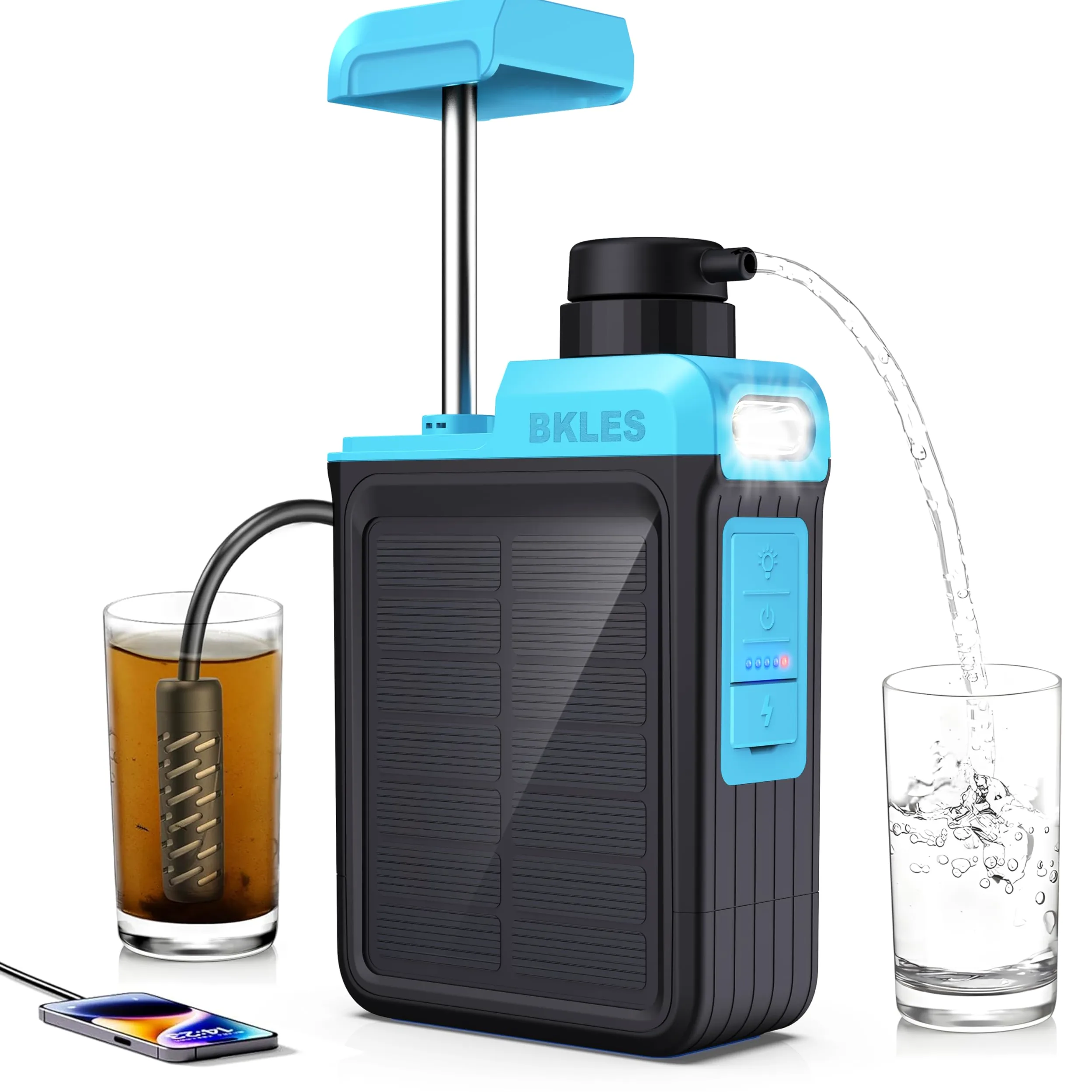 BKLES - Filtro de agua eléctrico solar 3 en 1 con bomba de mano, sistema de filtración de agua de camping, purificador de agua portátil con luz de emergencia, equipo de supervivencia para senderismo,