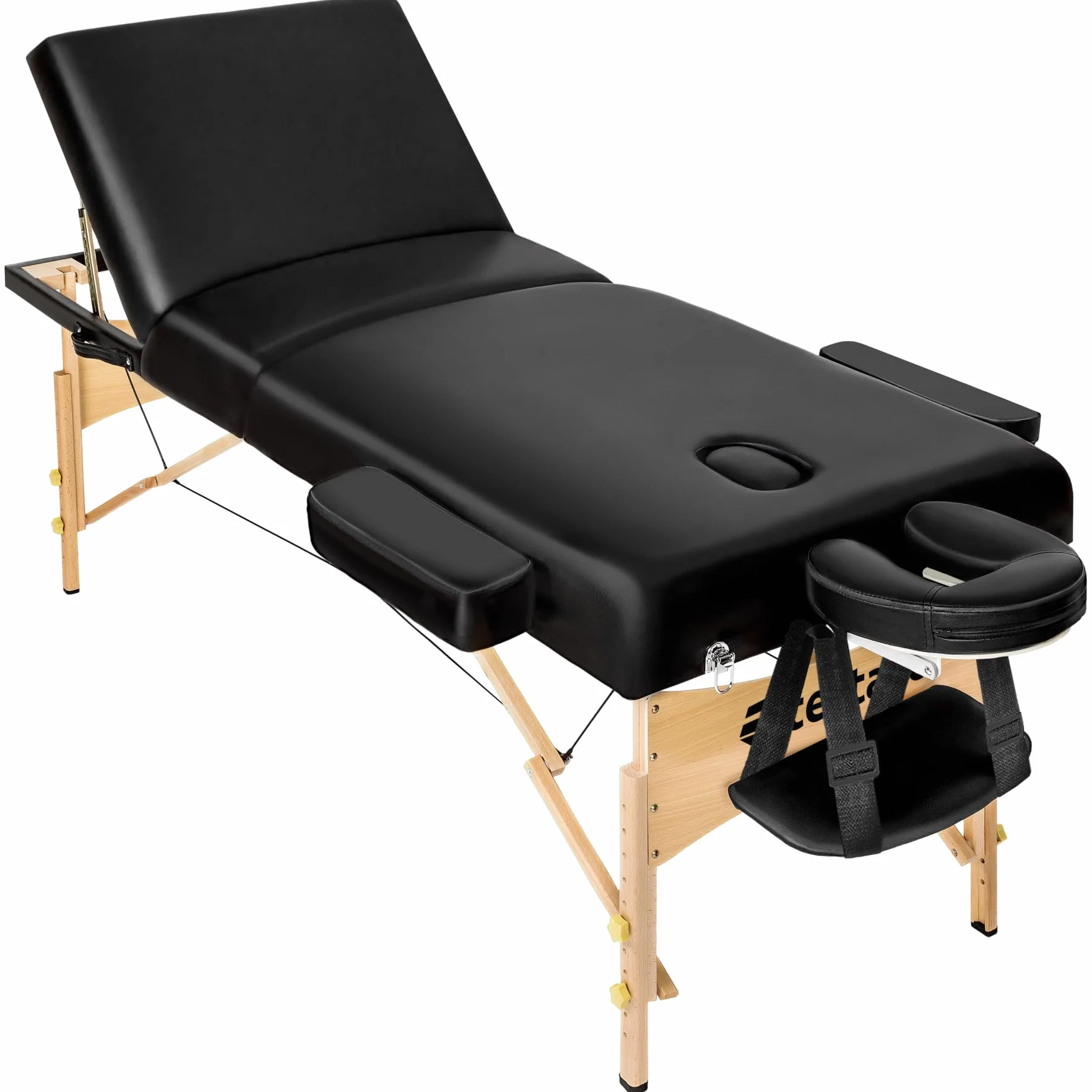 Tectake Camilla Masaje Plegable de Madera Profesional para Fisioterapia con Taburete, Cojines y Bolsa Transporte - Negro