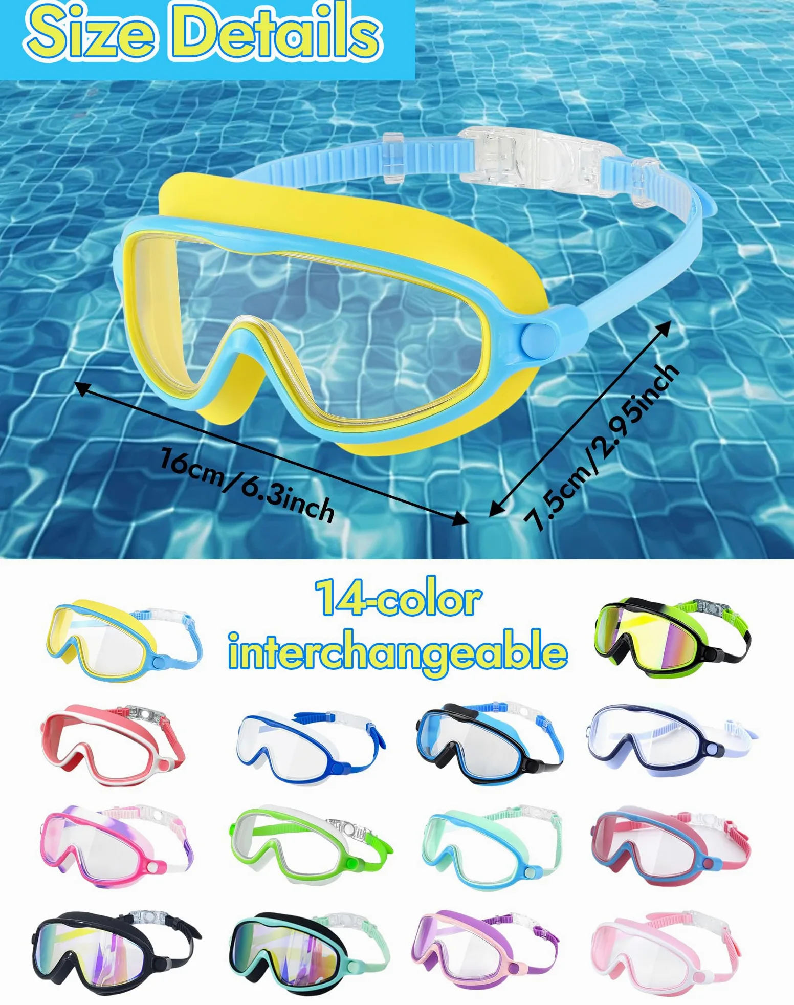Swimbi Splsh Vision Goggles, Blumi Baby Splashyeyes, gafas de natación antivaho y UV para niños con tapones para los oídos y clip para la nariz, máscara de natación de visión amplia para niños de 3 a