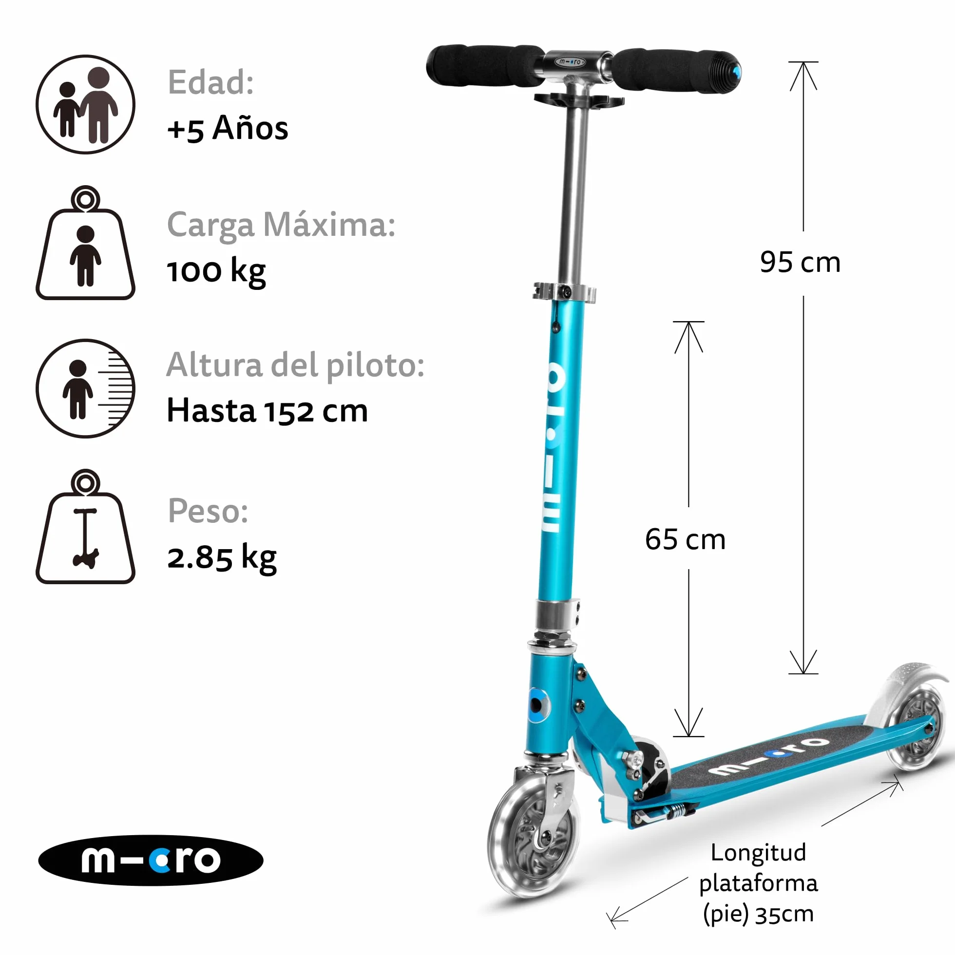 Micro® | Micro Sprite LED Scooter 2 Ruedas Niños | Patinete y Puños Plegables | Ruedas con iluminación LED | Ligero y Regulable en Altura | +5 Años | Niños y Niñas