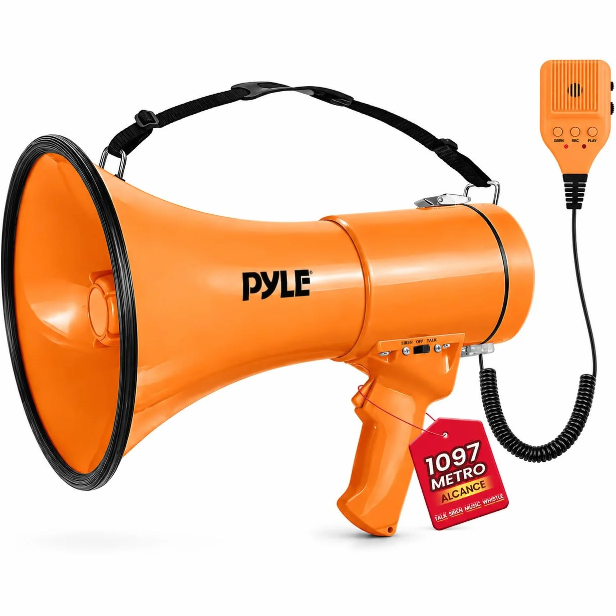 Pyle megafono, Altavoz, Portatil, 50V, Volumen Ajustable, Sirena, Correa para el Hombro, Entrada AUX, Compacto, Ideal para anuncios, Eventos, Deportes y mas