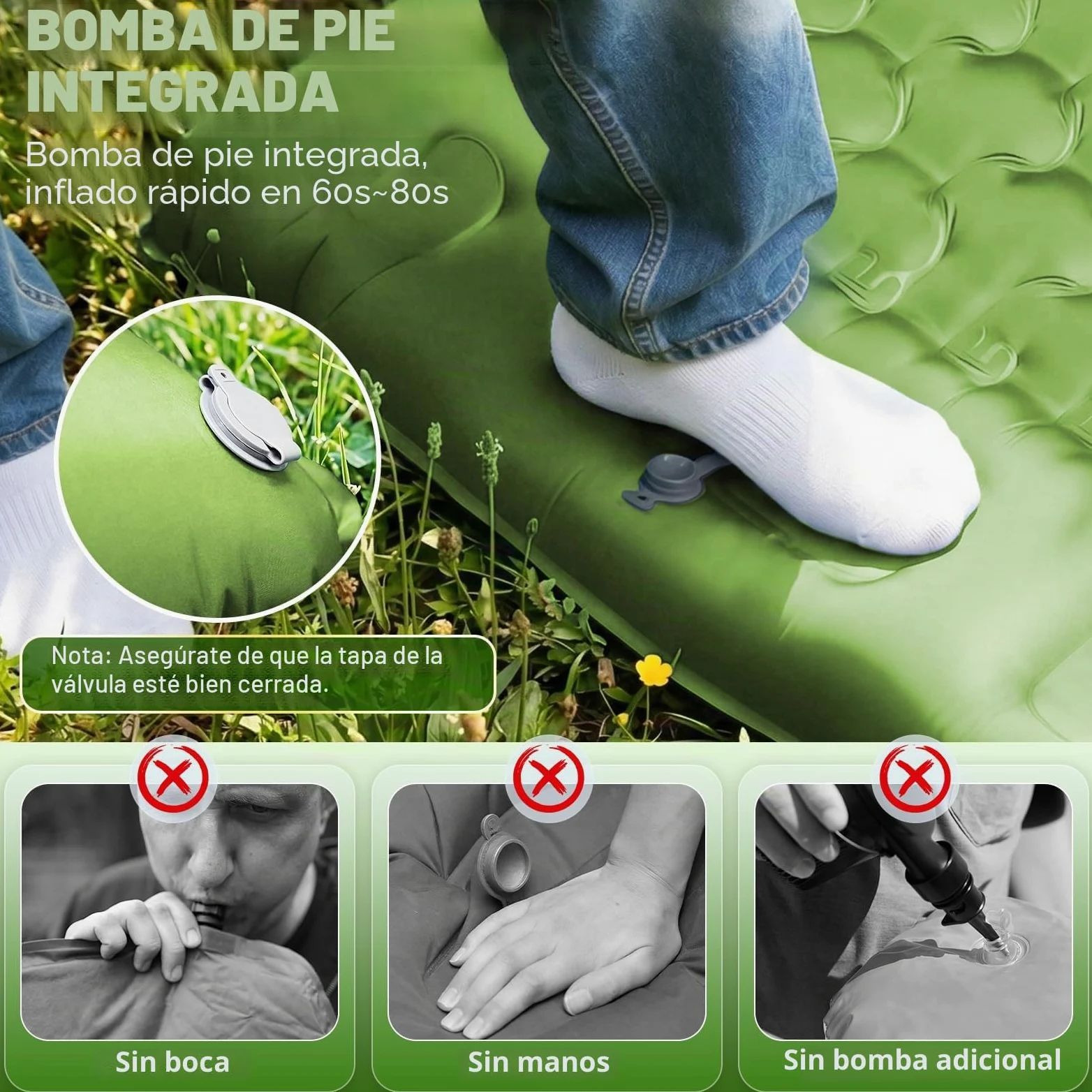 JATEKA Colchoneta Autoinflable XL para Camping, Individual con Correas, Verde y Azul, Colchón Ligero para Senderismo