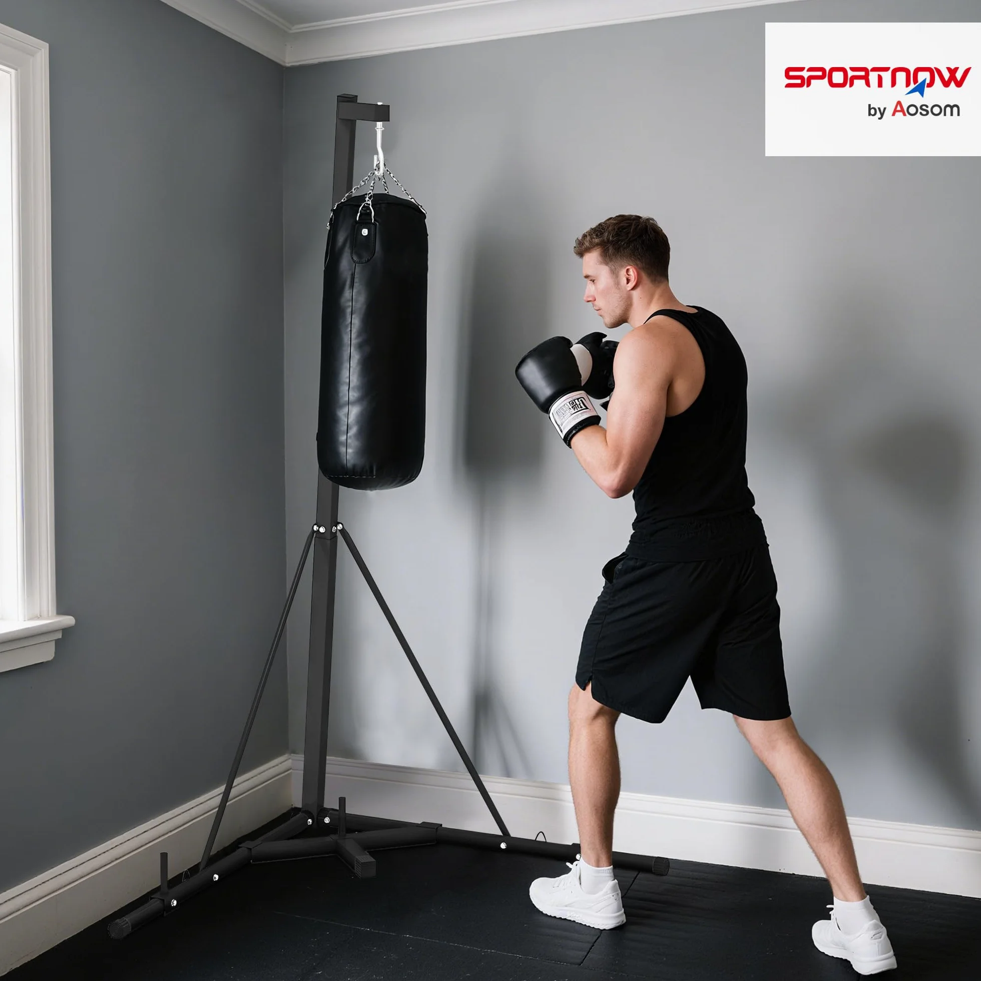 SPORTNOW Soporte de Saco de Boxeo Plegable Soporte para Bolsas de Boxeo de Pie con Altura Ajustable en 10 Niveles para Entrenamiento en Gimnasio Hogar 170x90x182-225 cm Negro