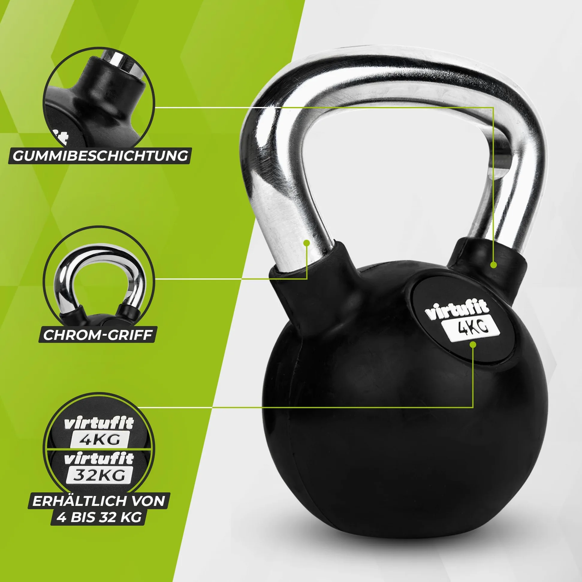 VirtuFit Kettlebell - Pesa rusa (goma, 4 kg hasta 32 kg)