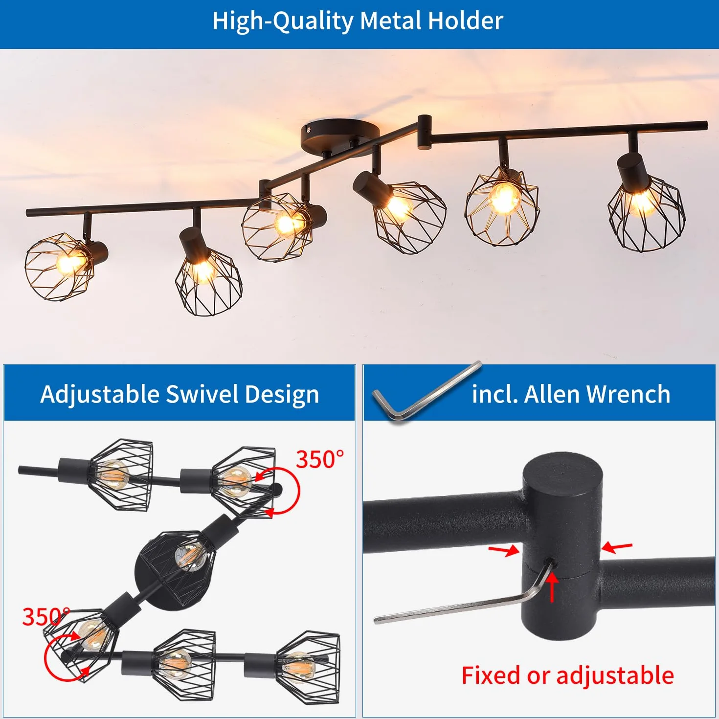 ANWIO Lámpara de Techo LED 6 Bases E14 Giratoria Negra para Interior Dormitorio Pasillo Cocina