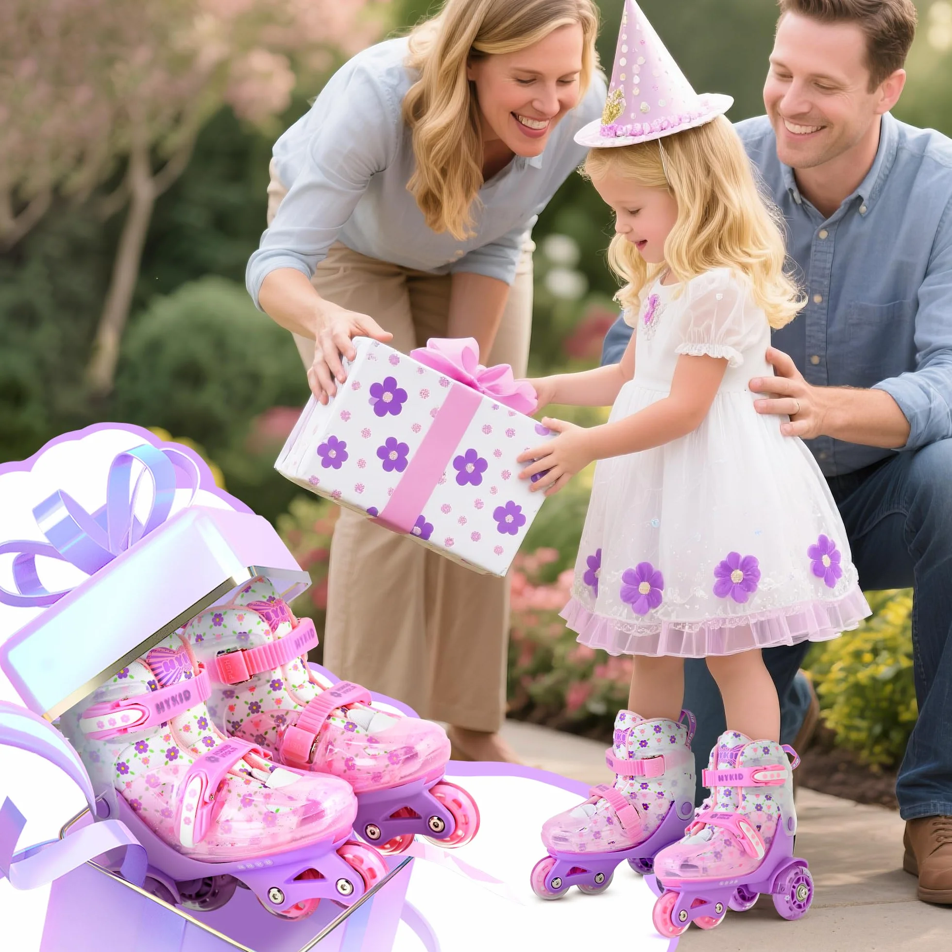 Patines 4 Ruedas Niña, 4 Tallas Ajustables 3-8 Años, Unicornios para Niñas Construcción de 3 Puntos Estable y Segura,Patines para Niños Principiantes Patinete