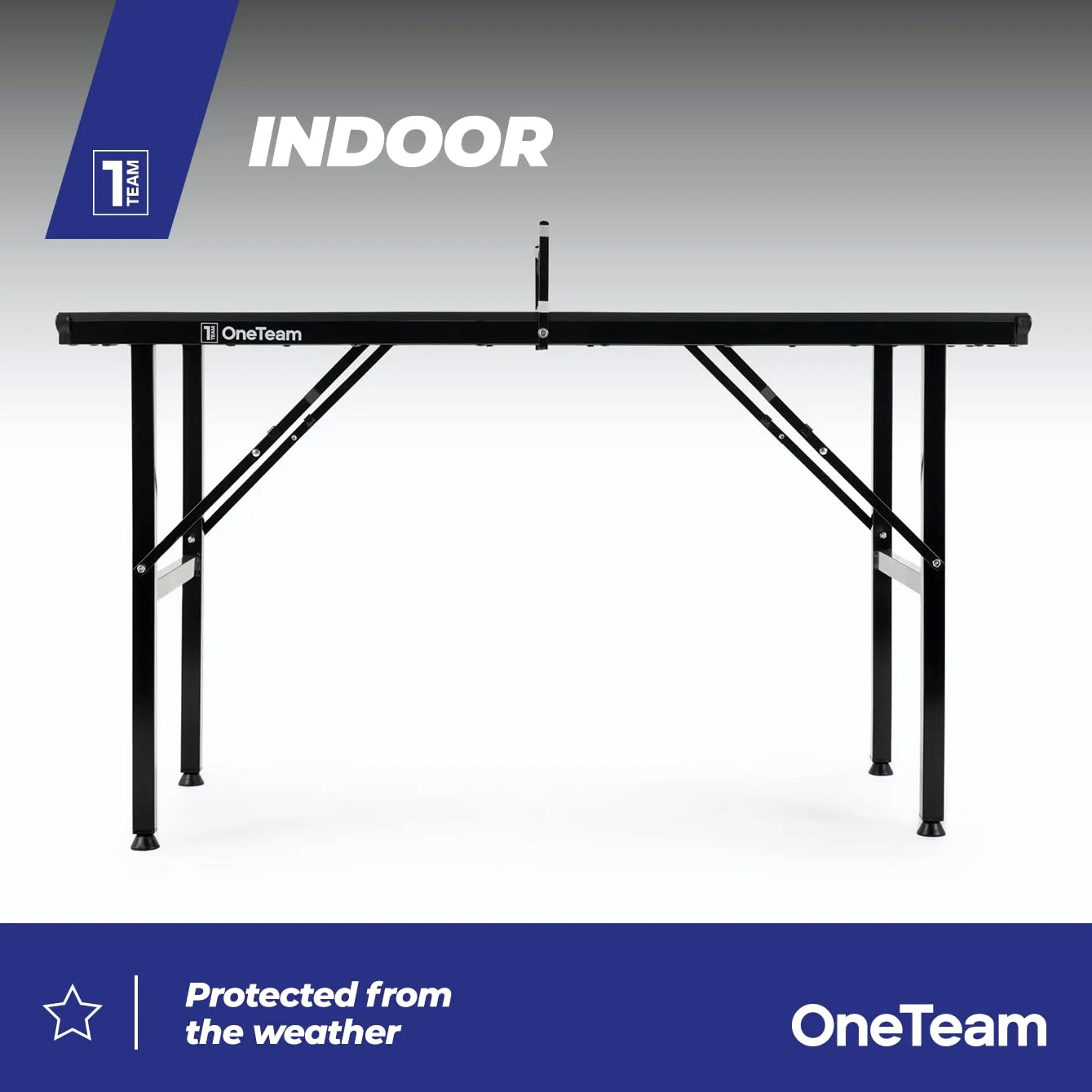 OneTeam Mesa de Ping Pong para Juegos de Interior con Rejilla y Placas Plegables con 2 Compartimentos para Bolas y palés, Ruedas de Transporte con función de Bloqueo