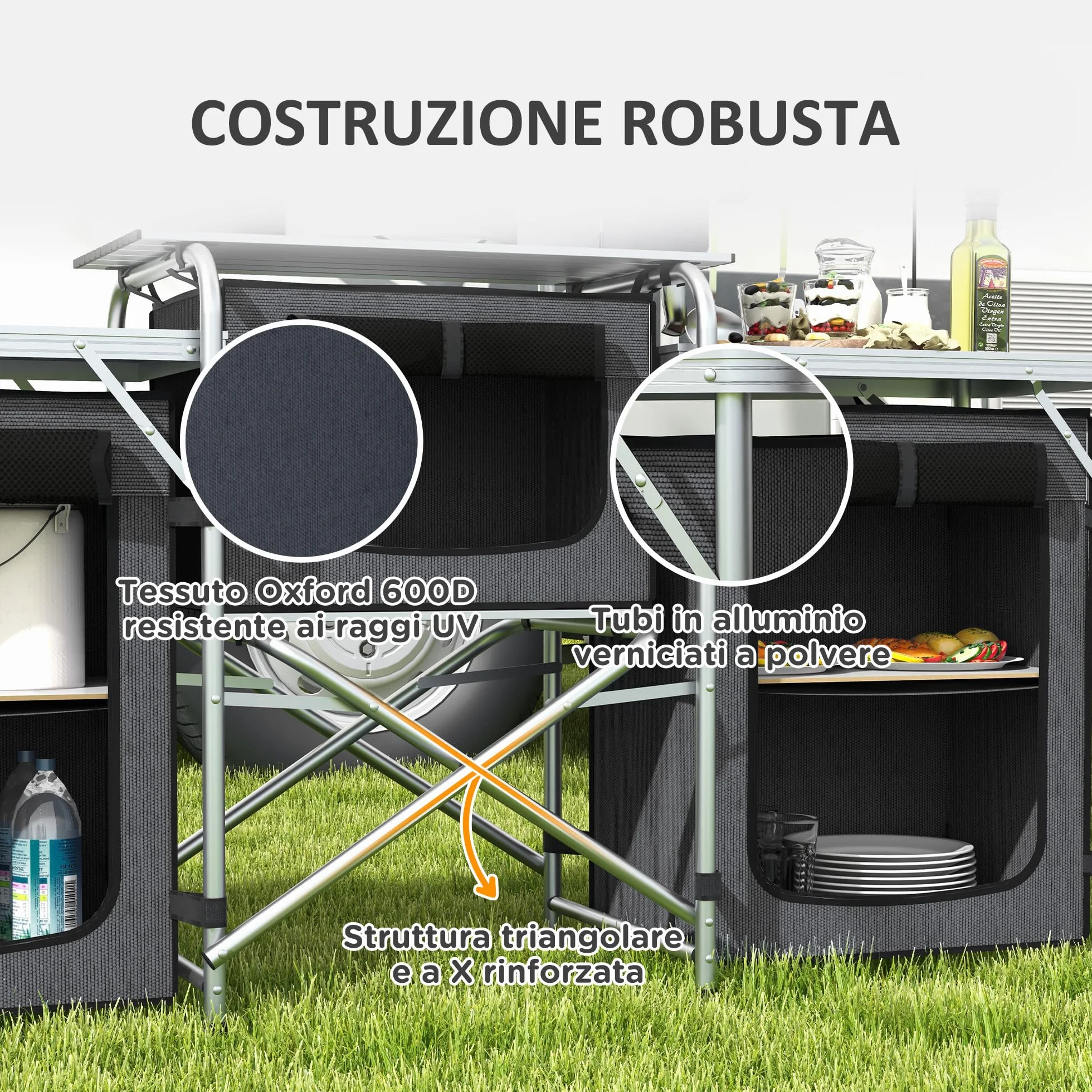 Outsunny Cocina de Camping Plegable, Armario de Camping de 3 Estantes con 5 Estantes Internos, 4 Ganchos y Bolsa de Transporte, Aluminio, MDF y Tejido Oxford, UV50+, 172x48x119 cm, Negro