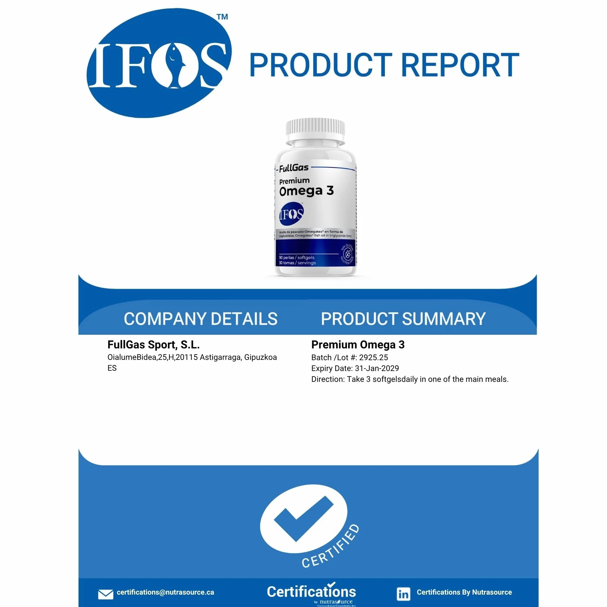 FullGas Omega 3 Aceite de pescado IFOS 360mg EPA 240mg DHA 90 perlas