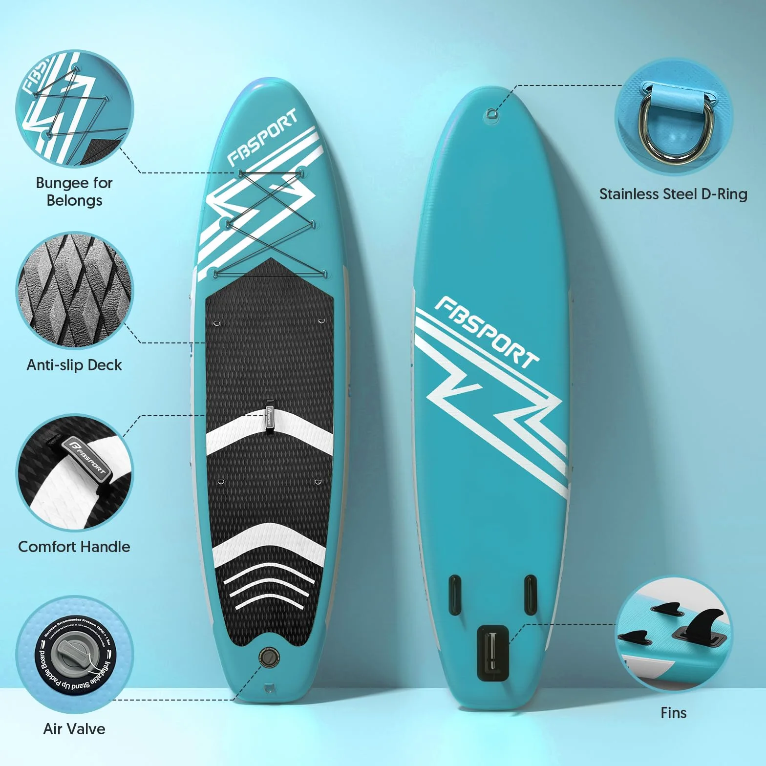FBSPORT Tabla de Remo de pie 11 pies, Tabla de Yoga con Accesorios Sup y Bolsa de Transporte, Amplia Postura, Control de Surf, Cubierta Antideslizante, Correa, Pala y Bomba para