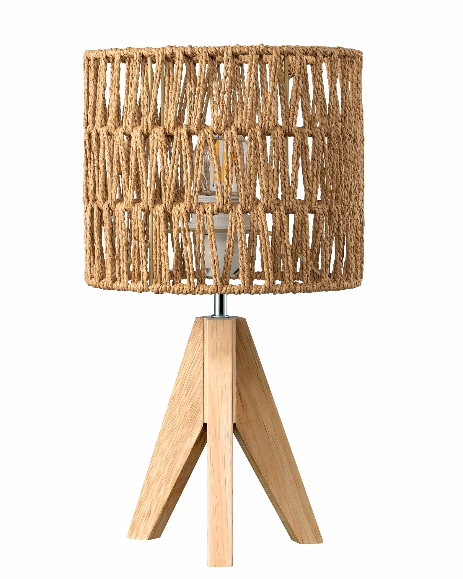 EDISHINE Lámpara de Mesa Pantalla de Lino Blanco Base de Madera Natural E27 Bombilla LED 2700K Incluida