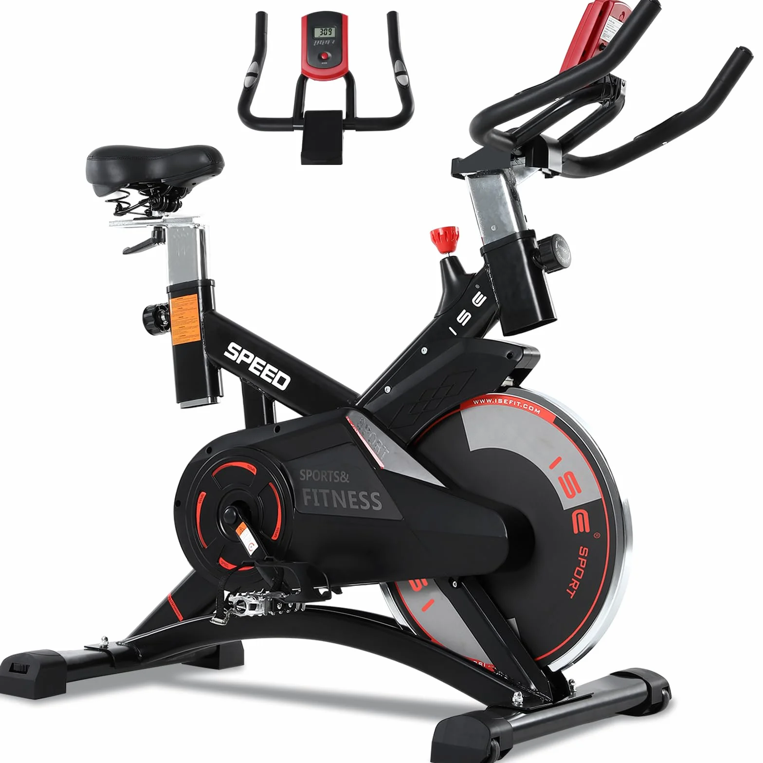 ISE Bicicleta Estática Profesional con Sensor de Pulso,Ajustable Resistencia, Pantalla, Bici Estática, Fitness En Casa con Volante de Inercia,Bicicleta Estática Indoor con Sillín Ajustable, Máx.120kg