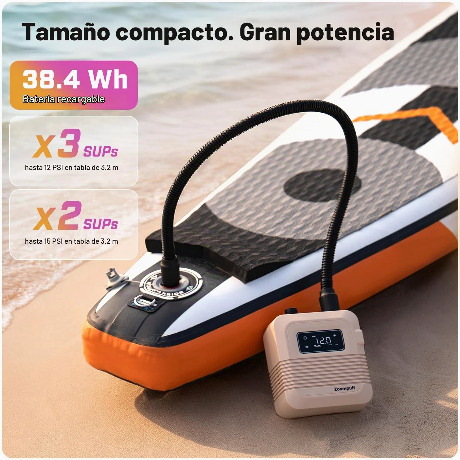 Bomba Sup eléctrica, Sup Recargable 20 PSI, inflado rápido | 5 min hasta 12 PSI, 1,14 kg ligera, Batería 38,48Wh, Inflado/desinflado doble etapa, 7 boquillas, SUP, barcos, kayaks