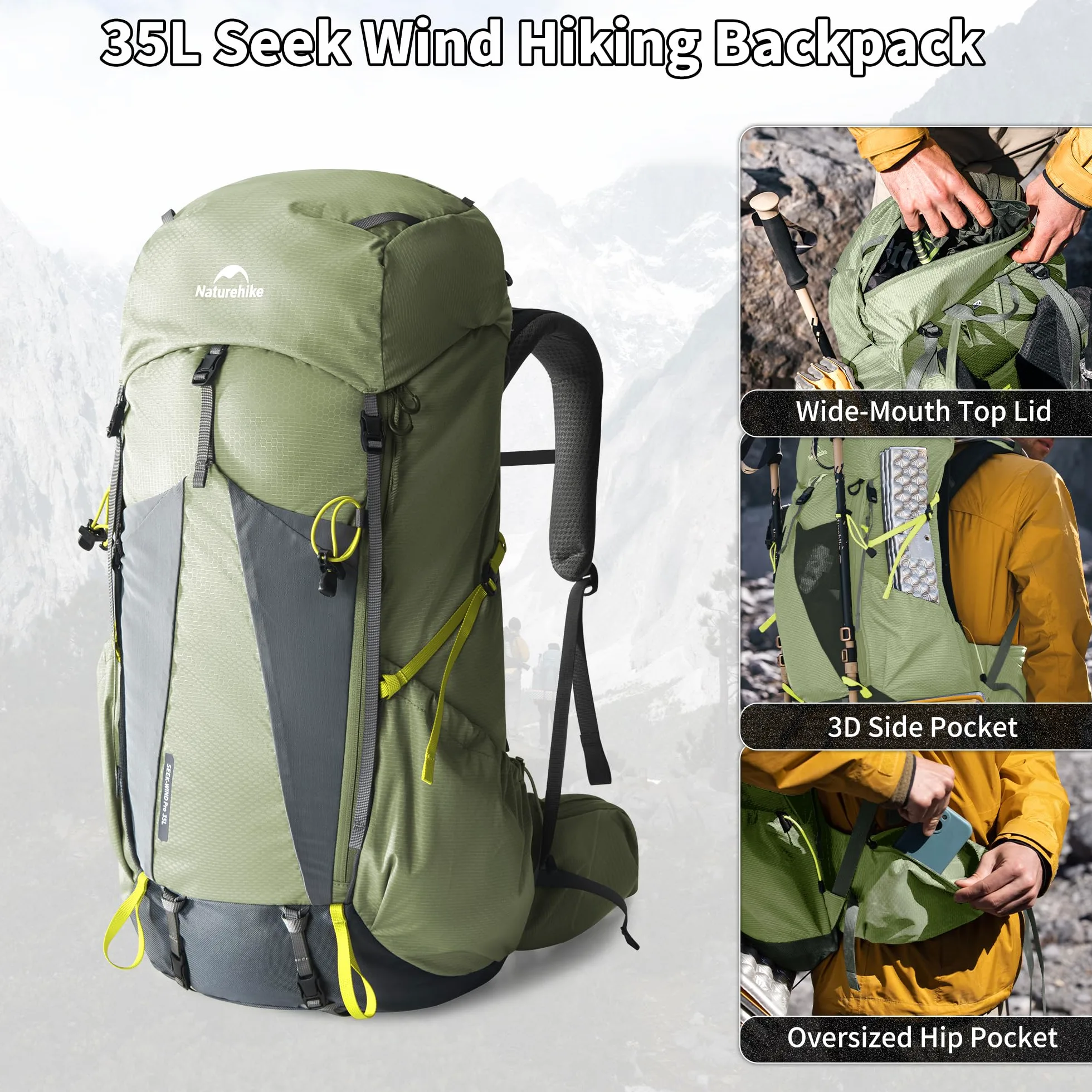 Naturehike Seek Wind Mochila de 35 L/65 L, mochila de trekking para hombre y mujer, mochila de senderismo, mochila de viaje impermeable, mochila con funda para lluvia para camping, ciclismo