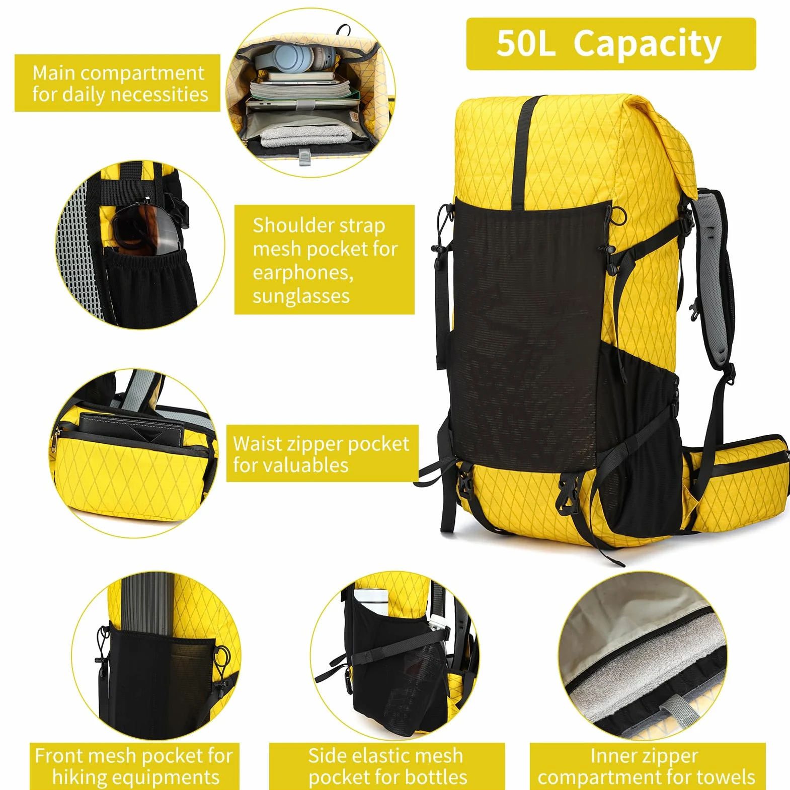 Mochila de senderismo, 40 L a 50 L, bolsa de senderismo de gran capacidad, mochila de camping con marco interno, mochila deportiva ligera X-PAC mejorada, mochila de viaje para escalada de montaña y