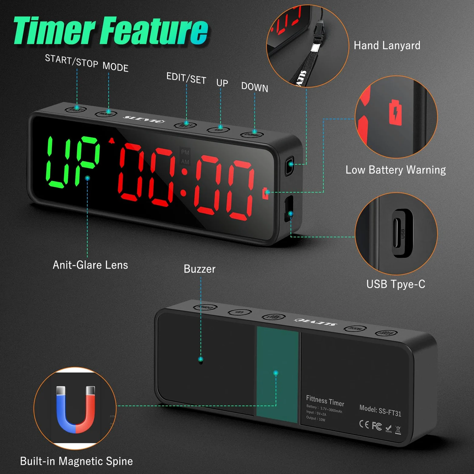 Temporizador portátil de entrenamiento de gimnasio, reloj de fitness con caja de goma y lomo magnético integrado, pantalla digital LED grande anti vértigo, para el hogar, garaje, escuelas