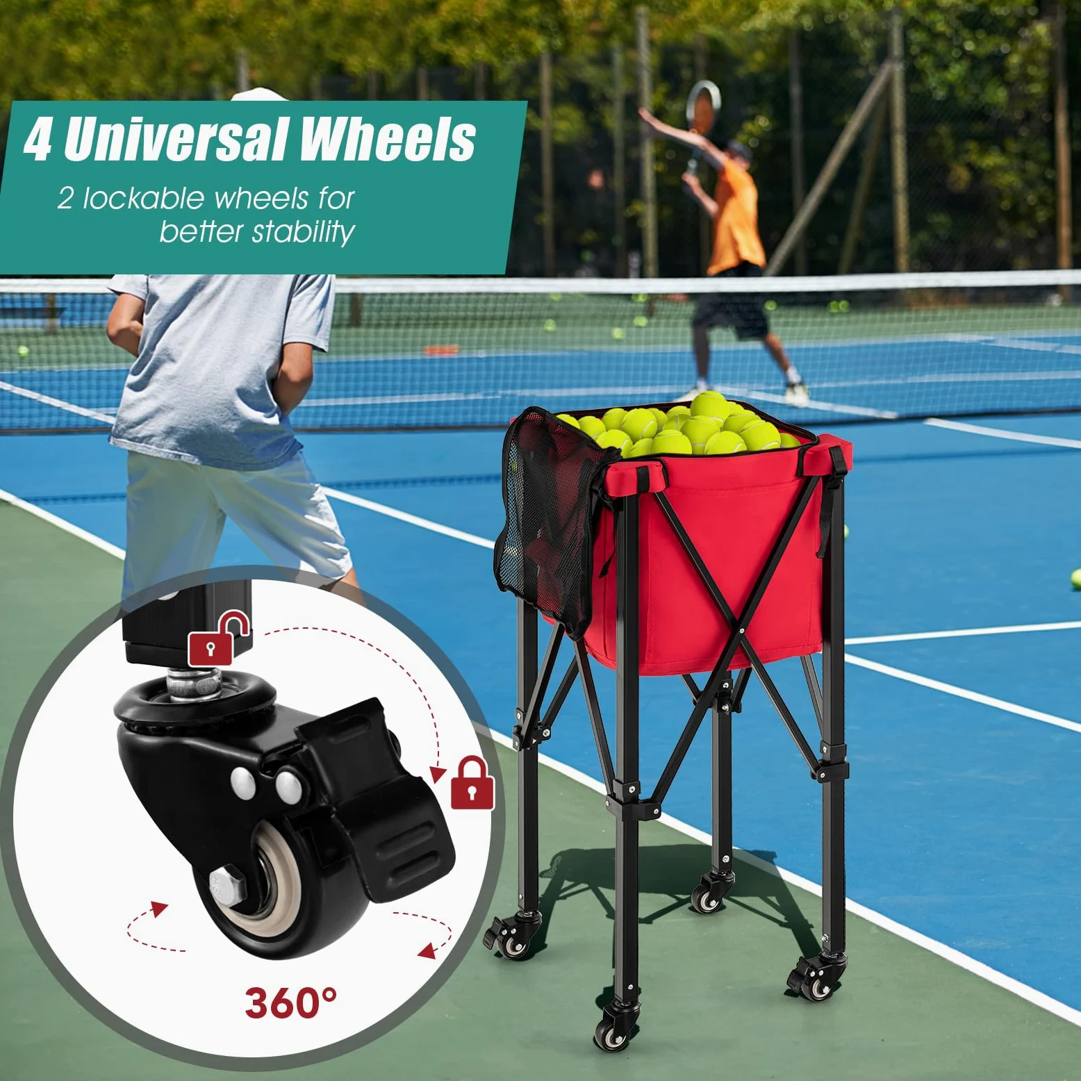 LIFEZEAL Carrito para Pelotas de Tenis, Trolley Plegable para Pelotas de Tenis con Bolsa de Transporte, cestas con Ruedas de Tenis y de Viaje, recogepelotas para 150 Pelotas de Tenis
