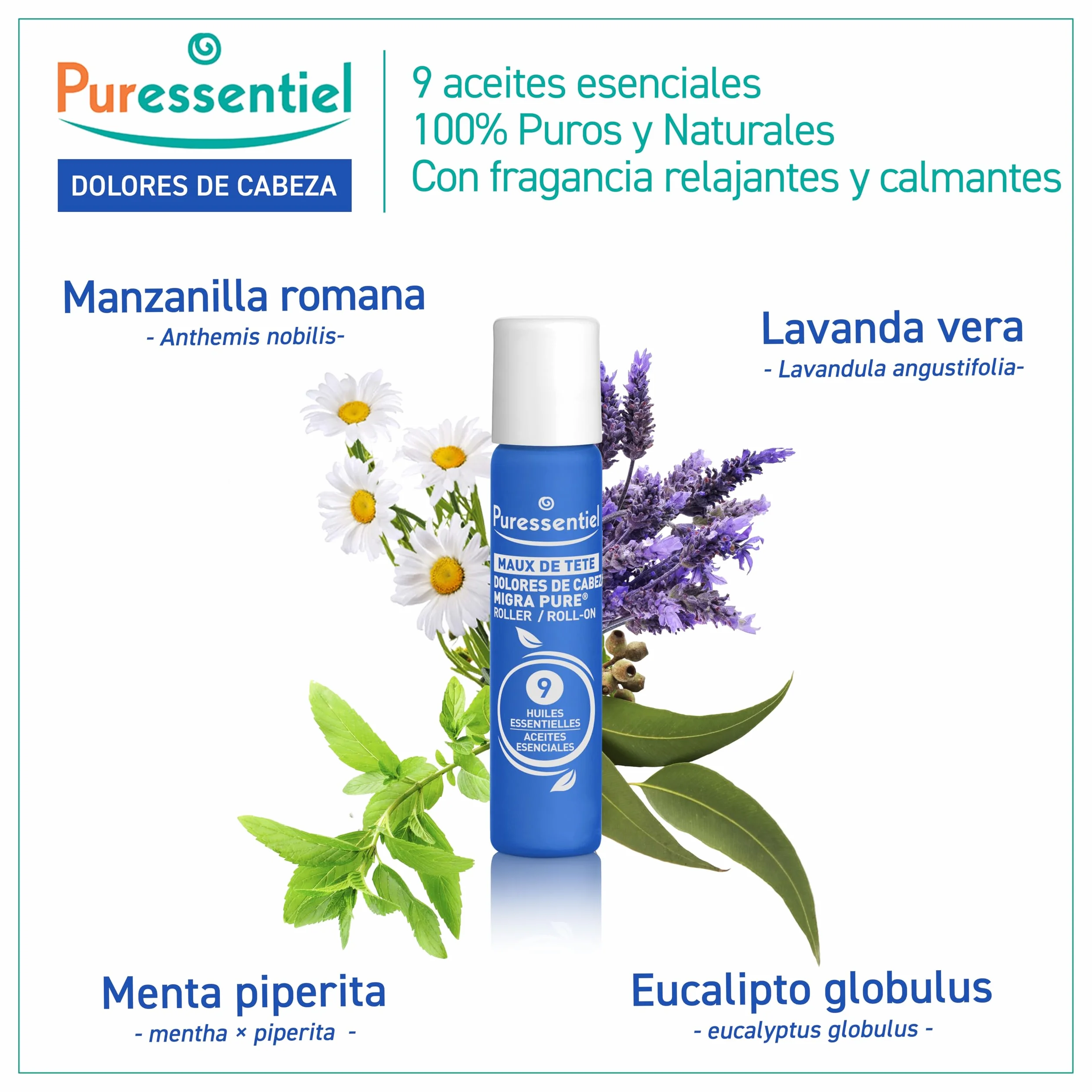 Puressentiel Roll-On Dolor de Cabeza 9 Aceites Esenciales 5 ml Alivio Rápido Efecto Frío Intenso