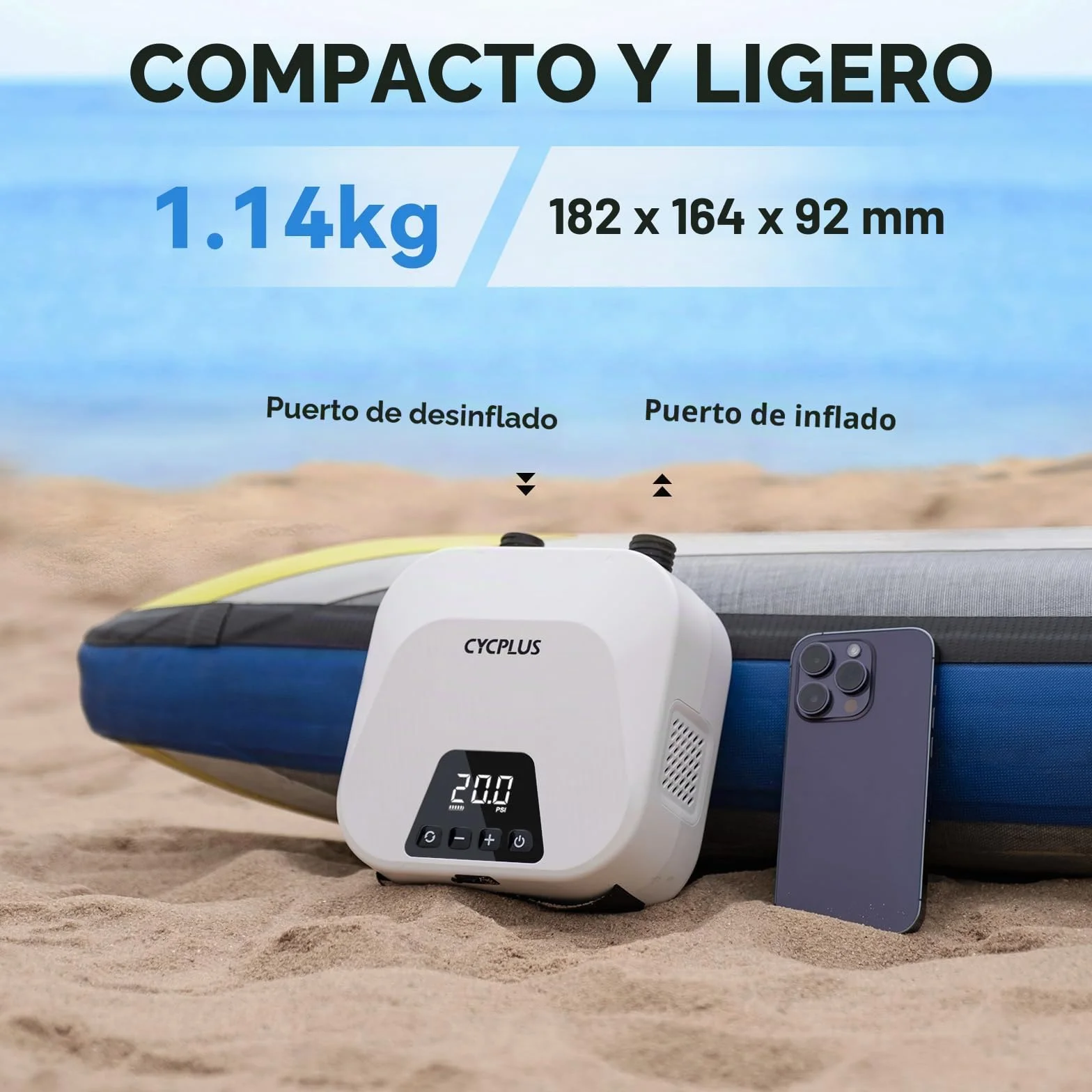 CYCPLUS Bomba de Aire Inteligente 20PSI para Sup, con Batería Recargable y Función de Inflado/Desinflado Inteligente. Ideal para Tablas de Paddle, Cometas, Tiendas de Campaña y Colchones