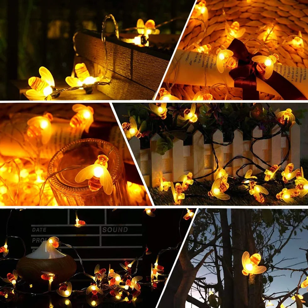 Augone Guirlande Lumineuse Solaire Extérieur 50 LED Abeille 7M 8 Modes Éclairage Étanche IP65 Blanc Chaud